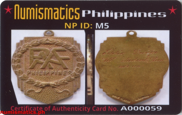 1953-1954 National Championship PAAF Philippines Medal A000059 COA Card Obverse