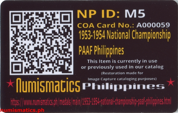 1953-1954 National Championship PAAF Philippines Medal A000059 COA Card Reverse