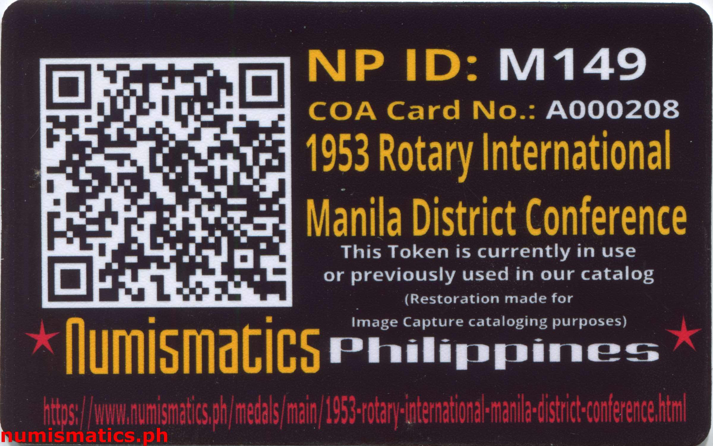 1953 Rotary International Manila District Conference Medal A000208 COA Card Reverse