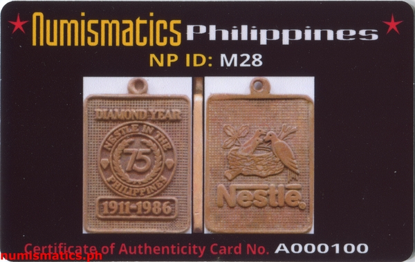 1986 Nestle in the Philippines 75th Diamond Year Medal A000100 COA Card Obverse