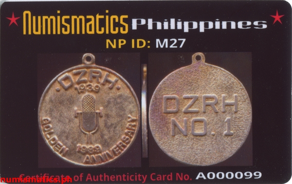 1989 DZRH Golden Anniversary Medal A000099 COA Card Obverse