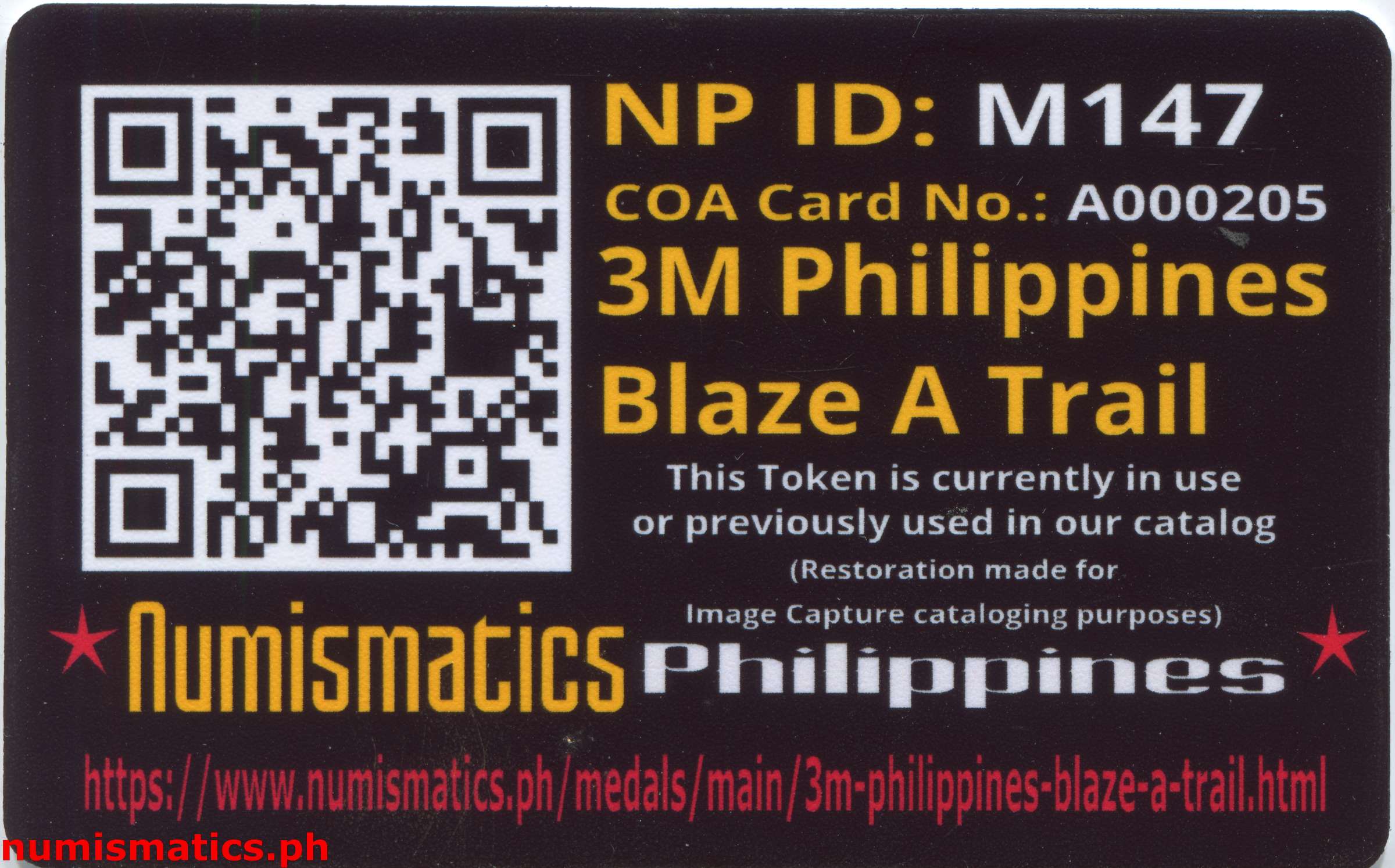 3M Philippines Blaze A Trail Medal A000205 COA Card Reverse