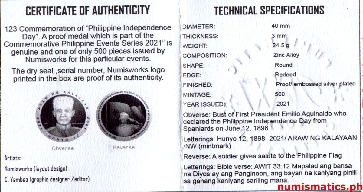 2021 123rd Commemoration of Philippine Independence Day Medal COA 2