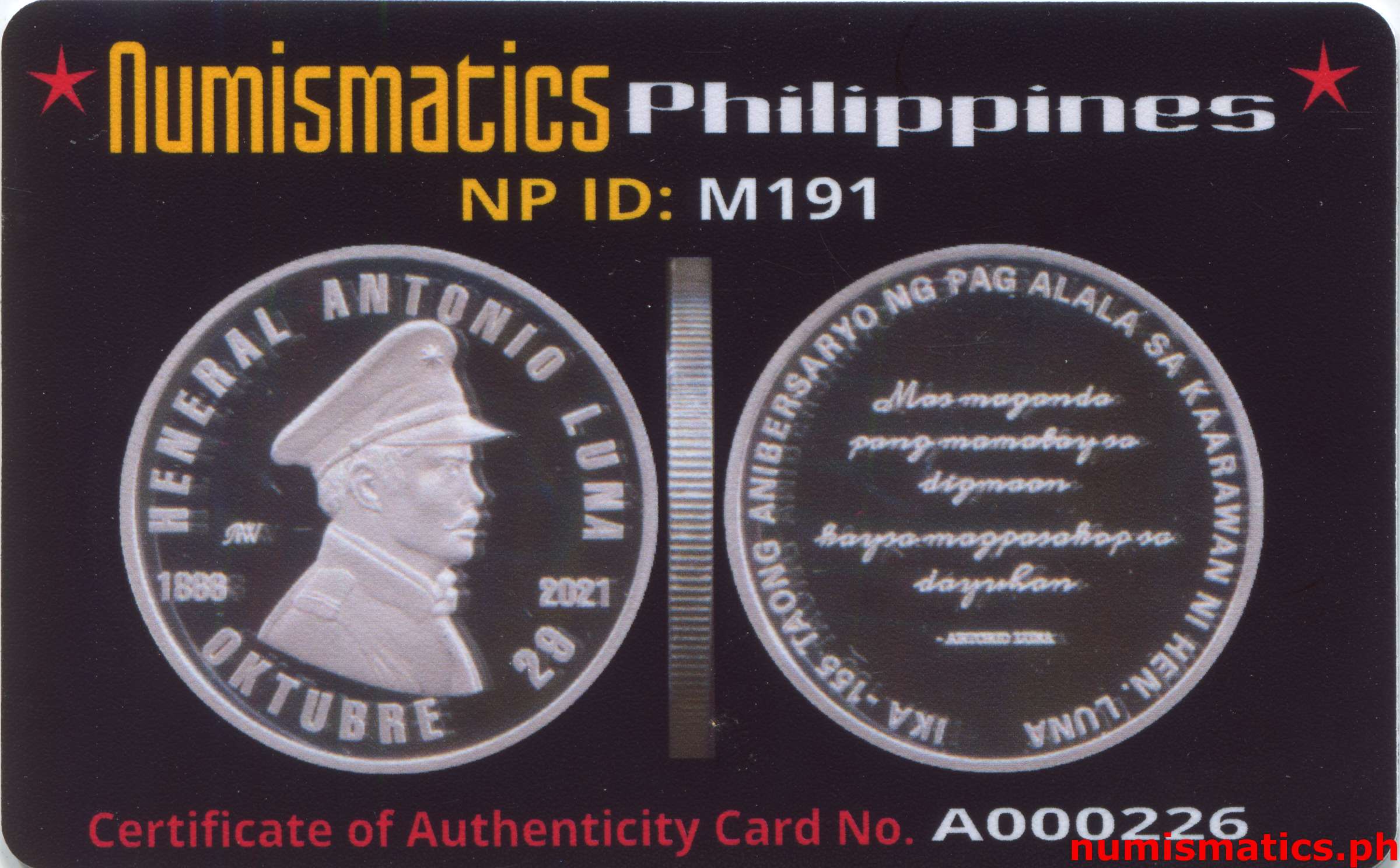 2021 155th Commemoration of Birth Anniversary of Gen. Antonio Luna Medal A000226 COA Card Obverse