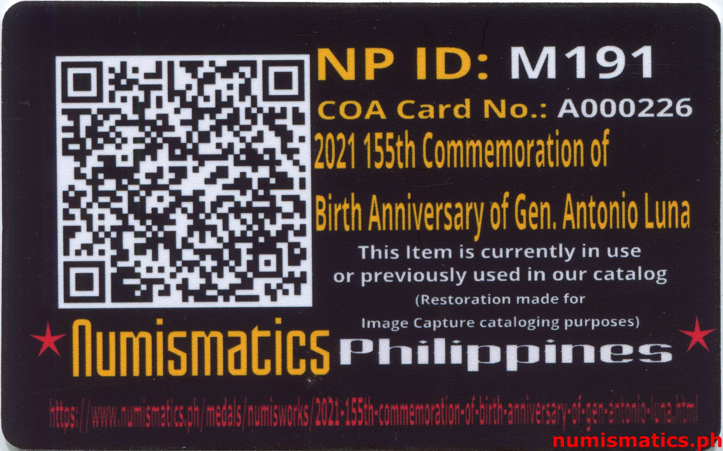 2021 155th Commemoration of Birth Anniversary of Gen. Antonio Luna Medal A000226 COA Card Reverse