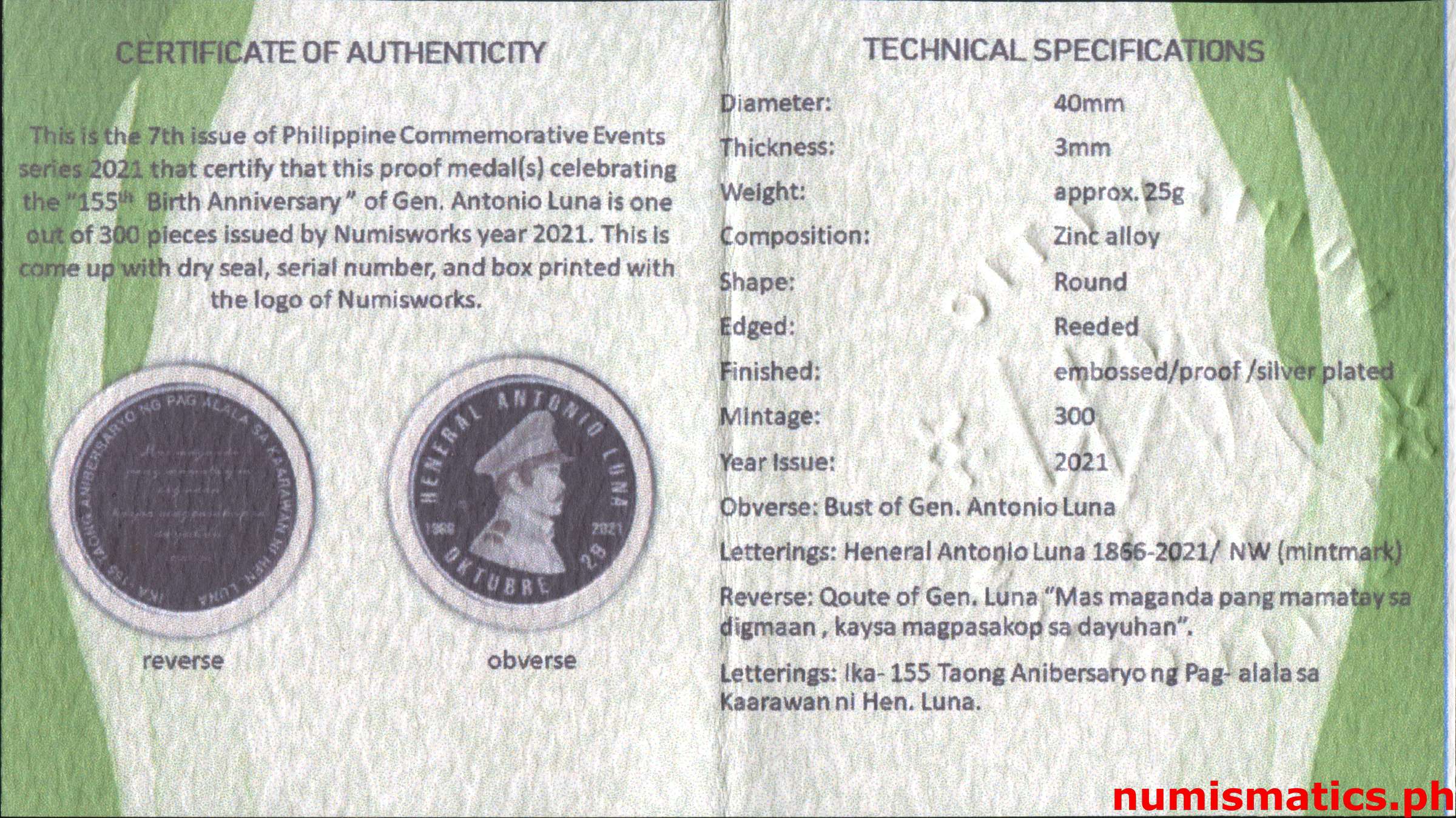 2021 155th Commemoration of Birth Anniversary of Gen. Antonio Luna Medal COA 2