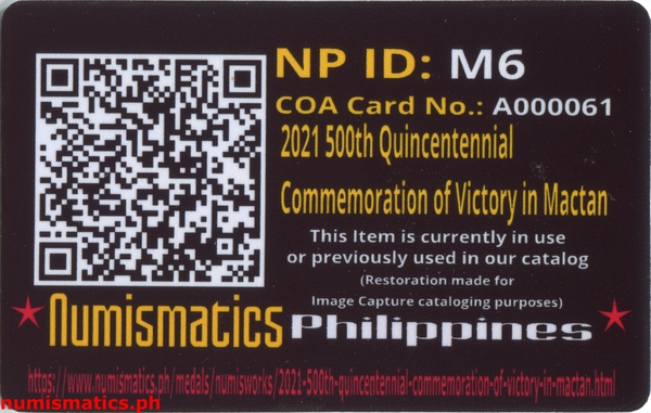 2021 500th Quincentennial Commemoration of Victory in Mactan Medal A000061 COA Card Reverse