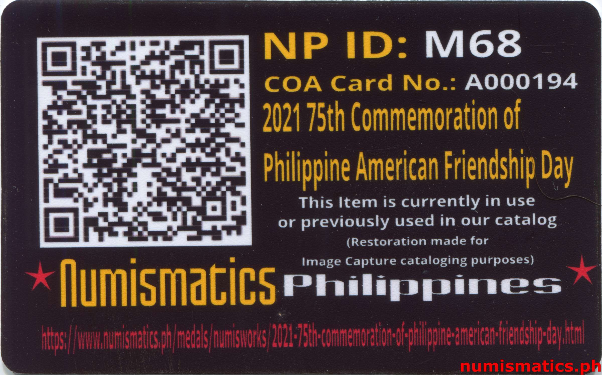 2021 75th Commemoration of Philippine American Friendship Day Medal A000194 COA Card Reverse