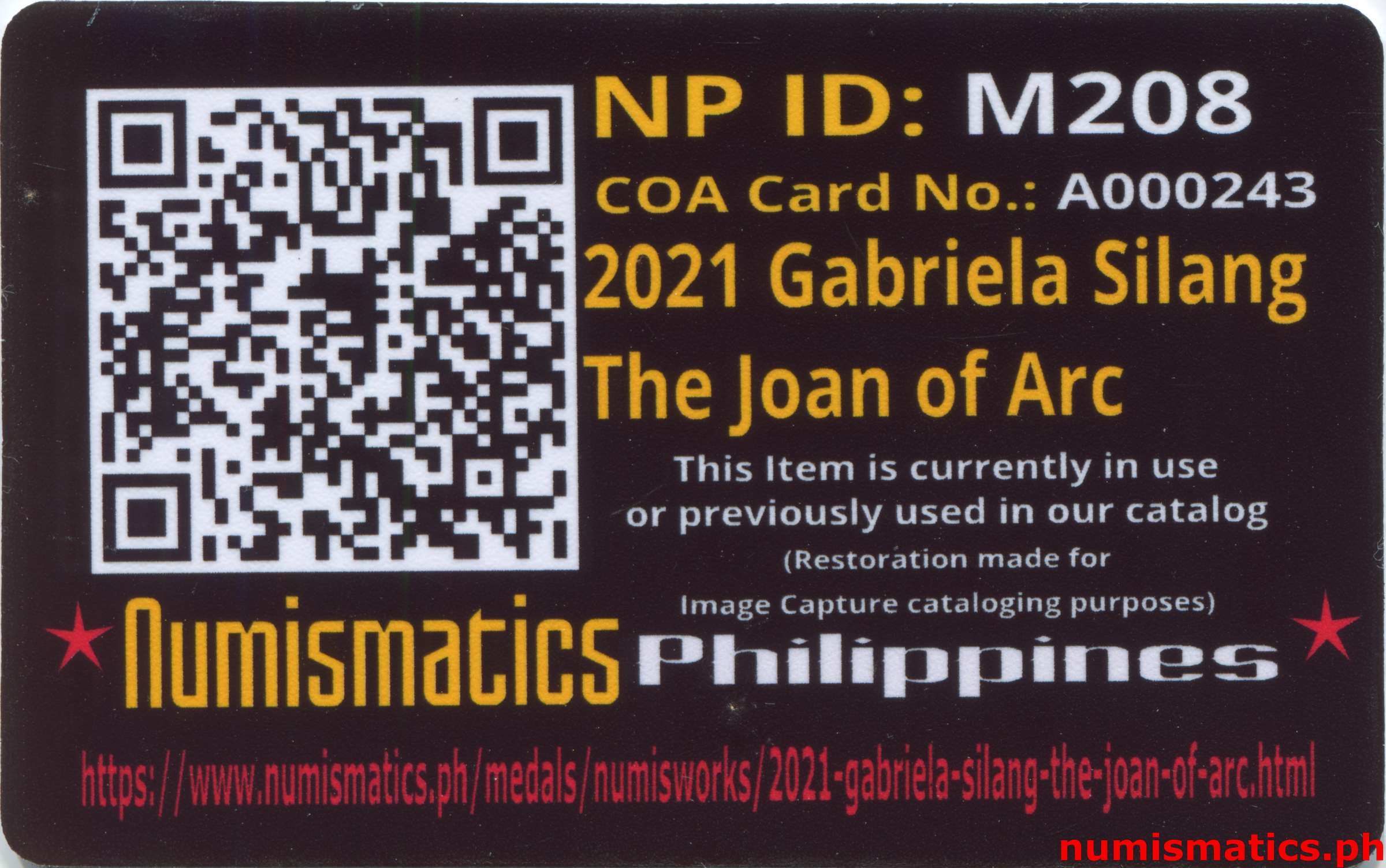 2021 Gabriela Silang The Joan of Arc Medal A000243 COA Card Reverse