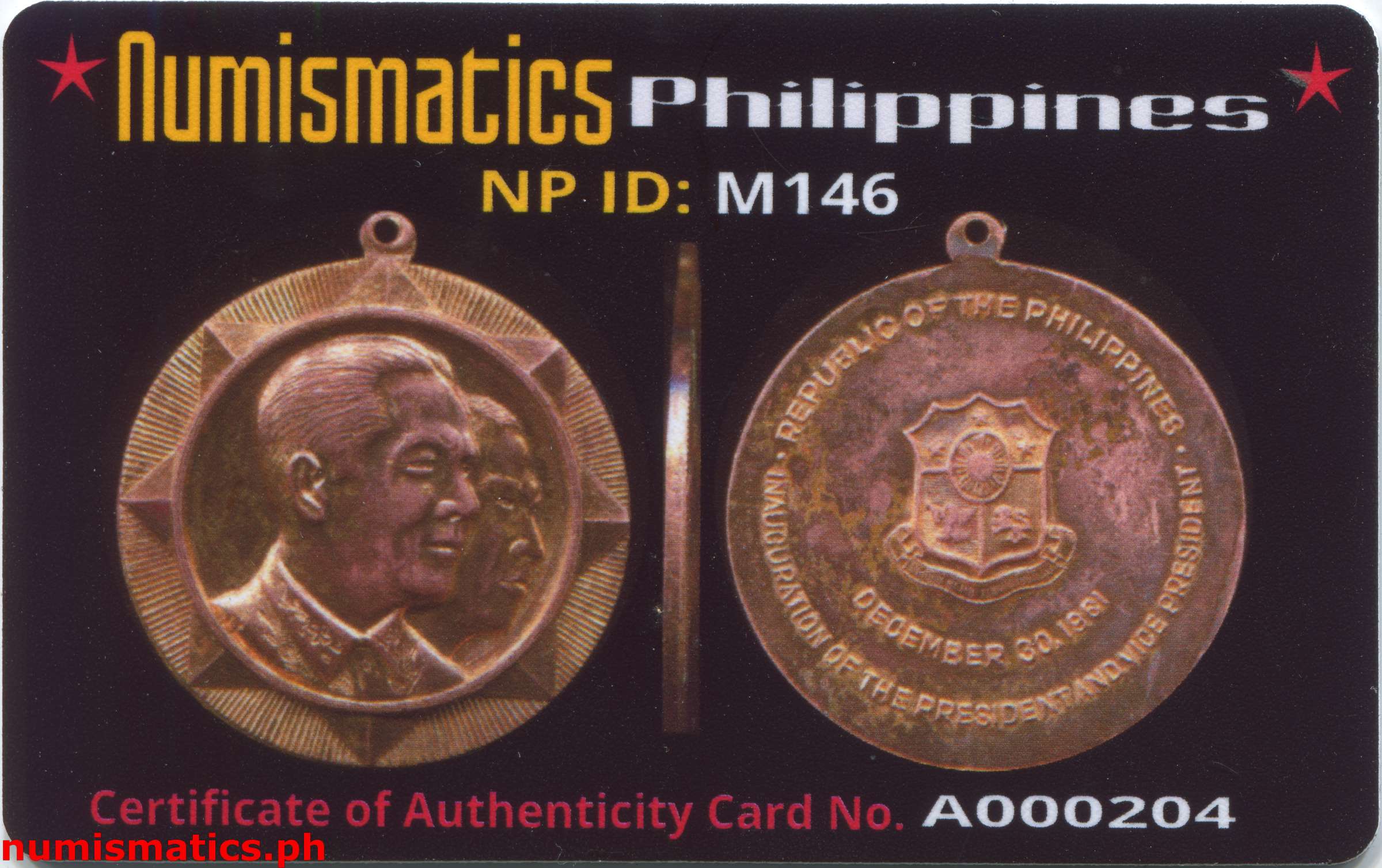 1961 President Macapagal and Vice President Pelaez Inauguration Medal A000204 COA Card Obverse