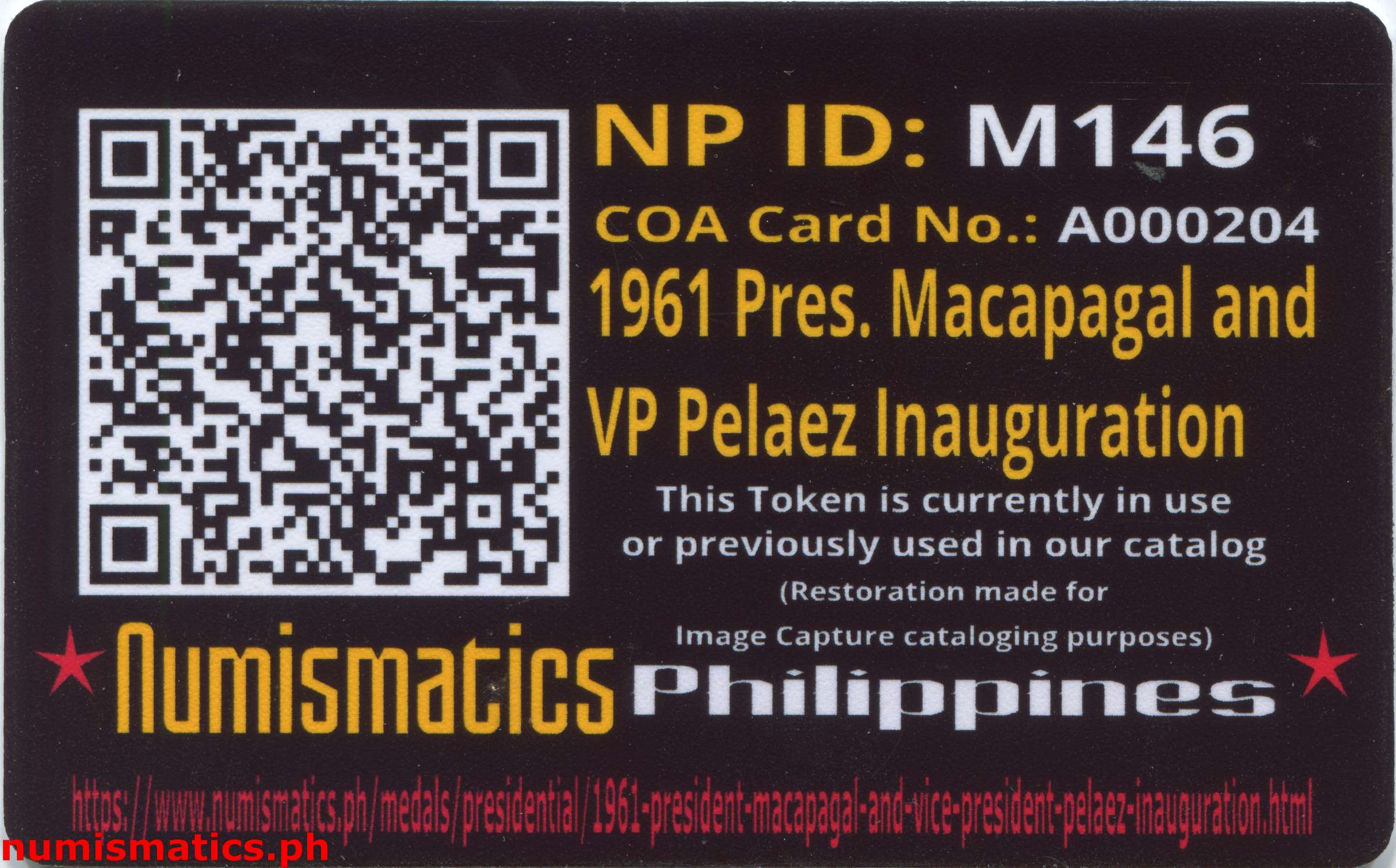 1961 President Macapagal and Vice President Pelaez Inauguration Medal A000204 COA Card Reverse