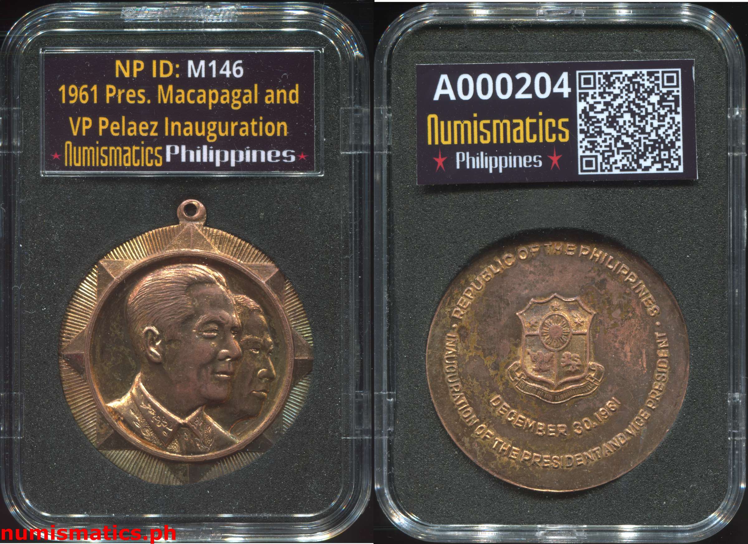 1961 President Macapagal and Vice President Pelaez Inauguration Medal A000204 Slab