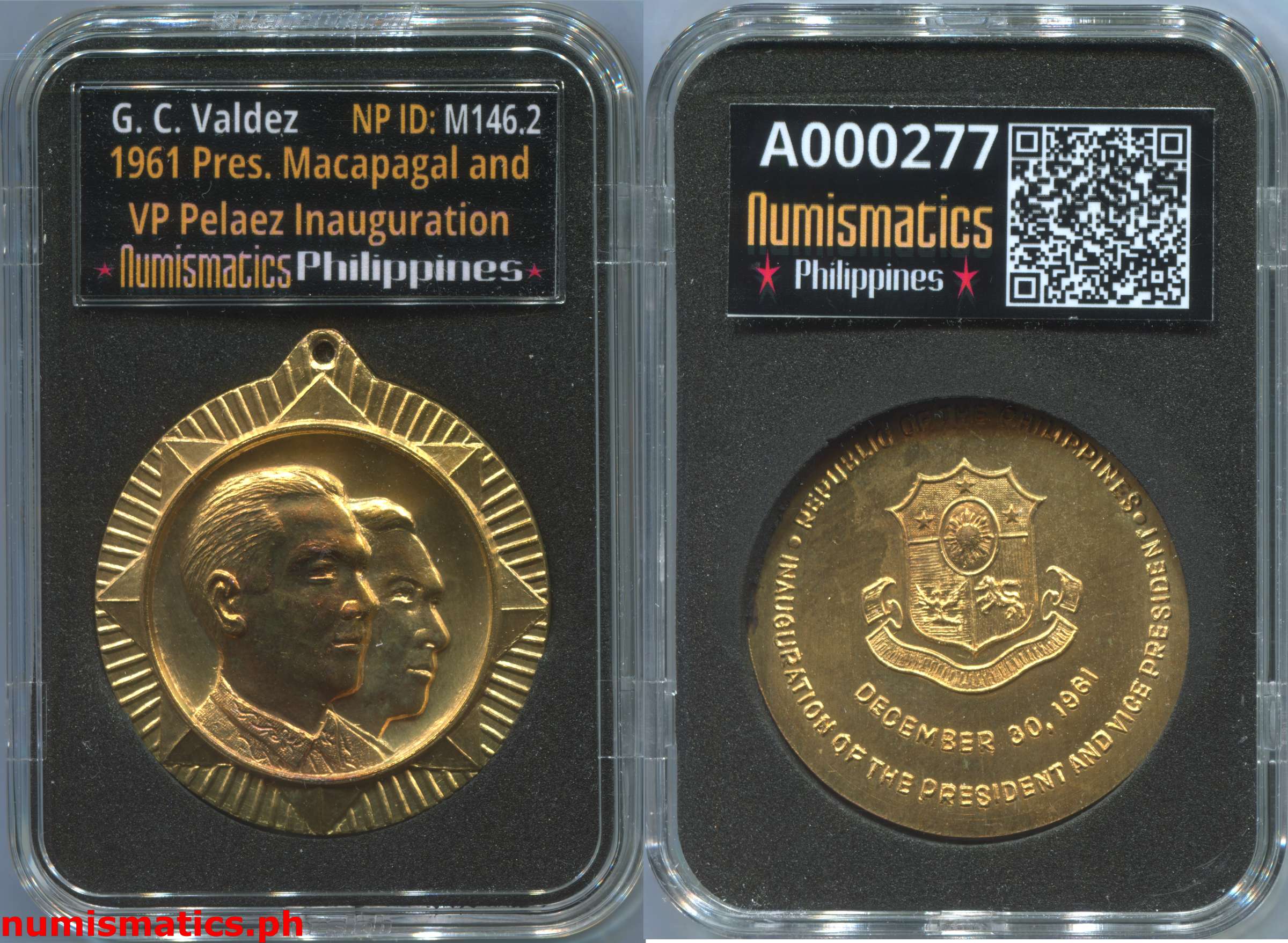 1961 President Macapagal and Vice President Pelaez Inauguration G.C. Valdez Medal A000277 Slab