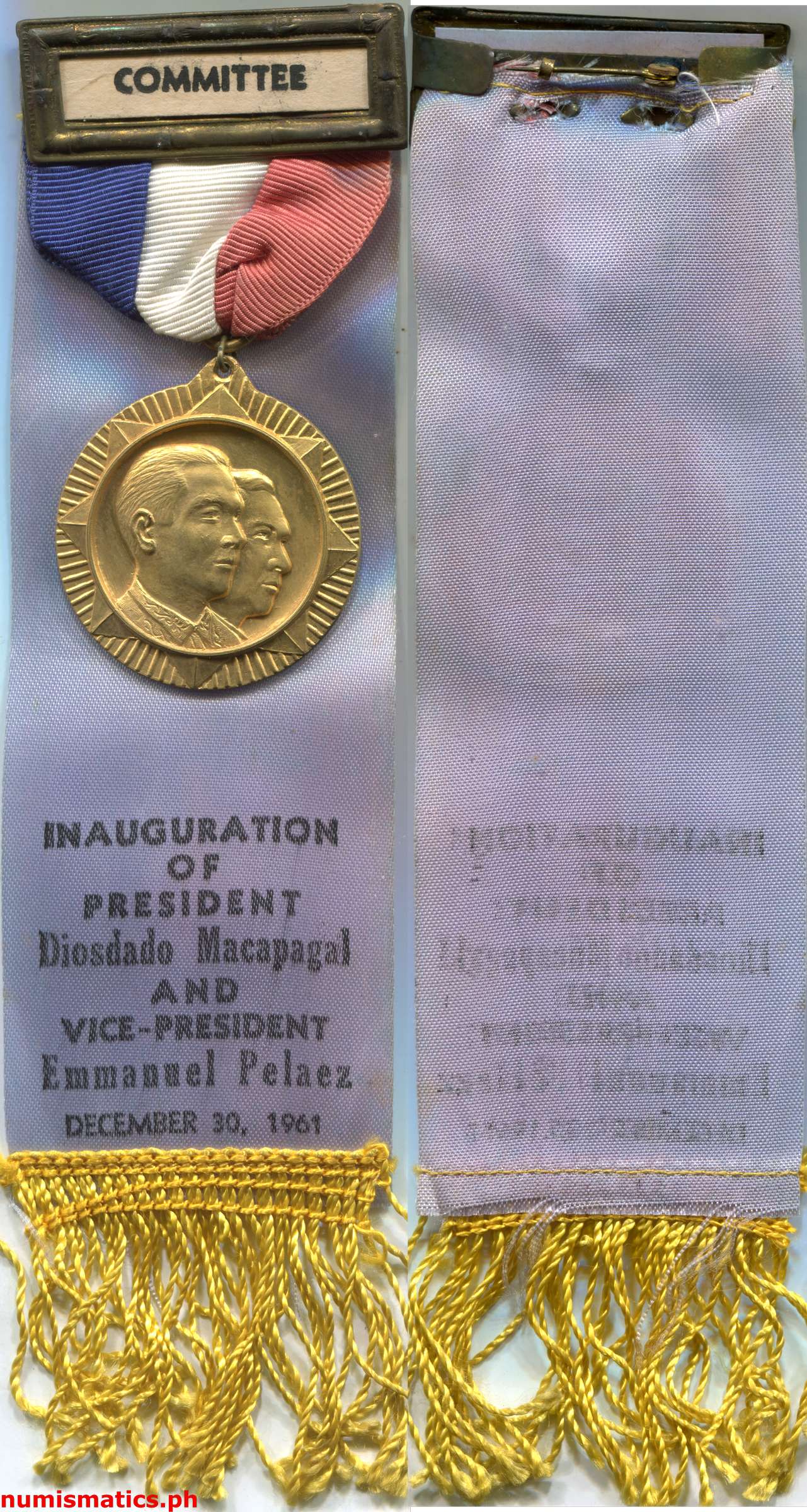 1961 President Macapagal and Vice President Pelaez Inauguration G.C. Valdez Medal Ribbon