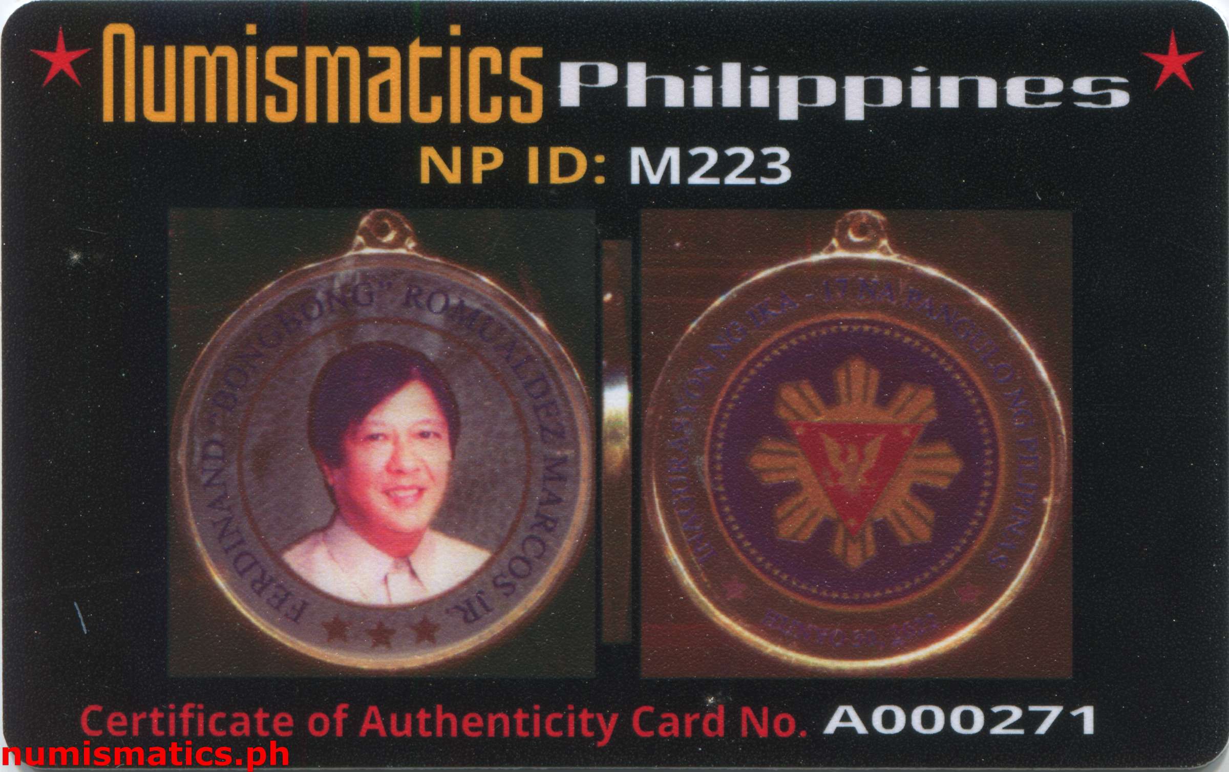 2022 Ferdinand Bongbong Romualdez Marcos Jr. Medal A000271 COA Card Obverse