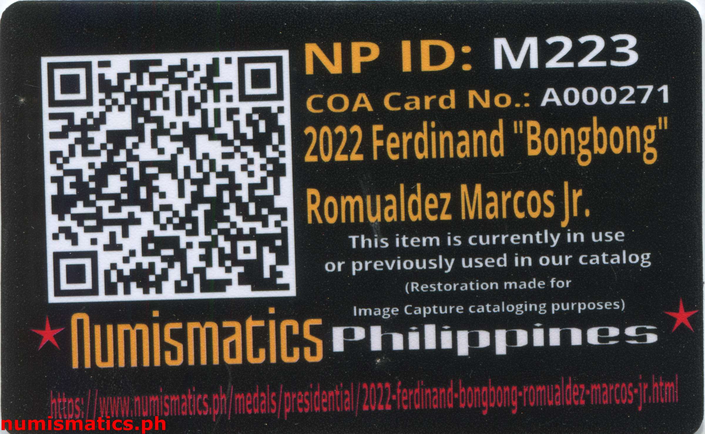 2022 Ferdinand Bongbong Romualdez Marcos Jr. Medal A000271 COA Card Reverse