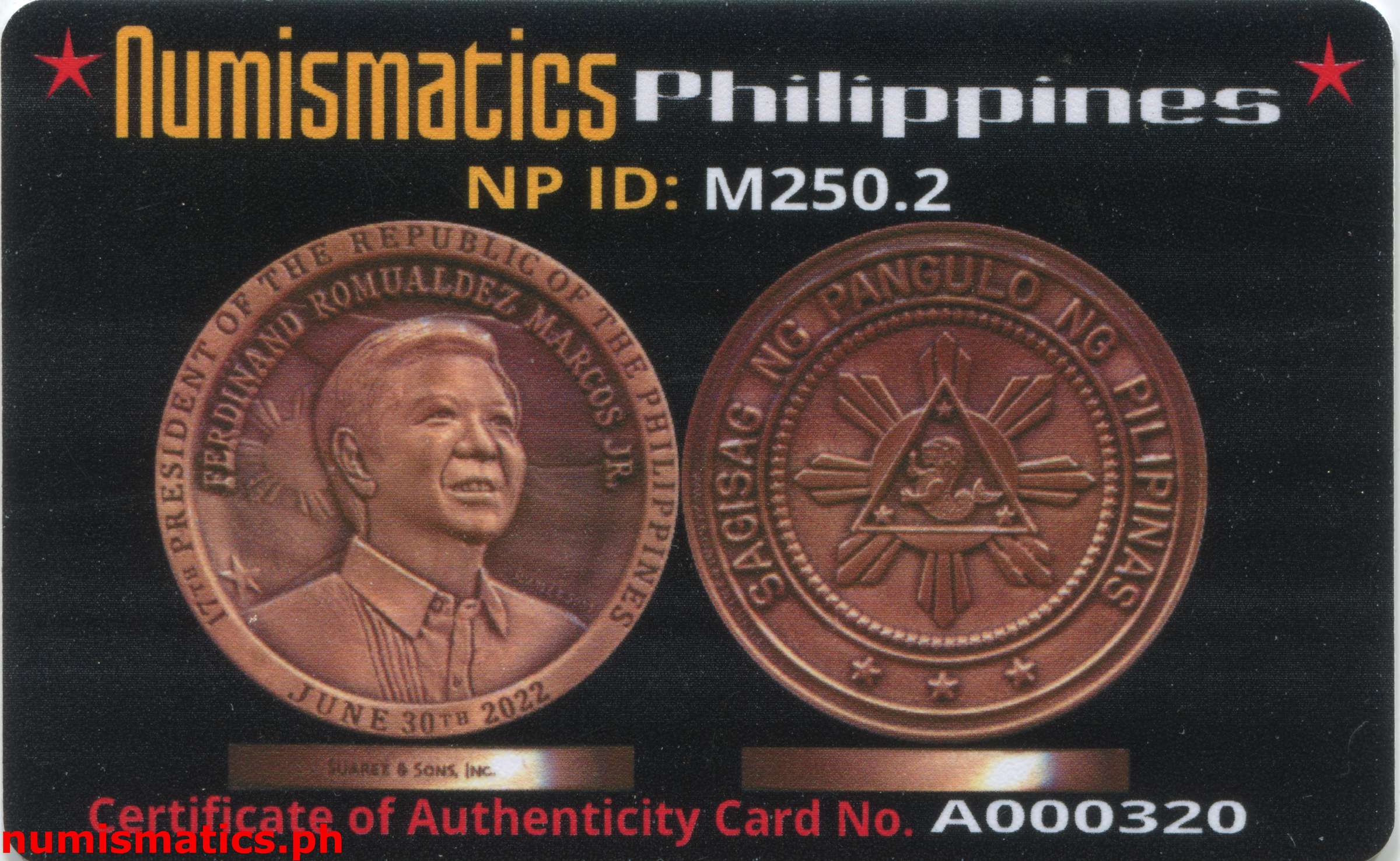 2022 President Ferdinand Romualdez Marcos Jr. by Suarez & Sons, Inc. Medal A000320 COA Card Obverse