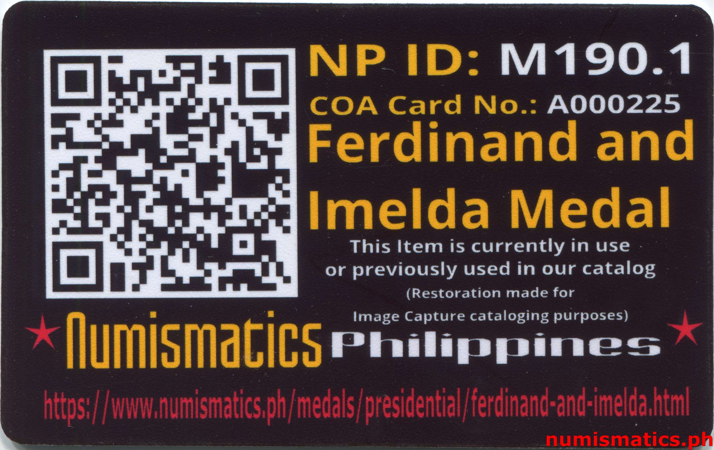 Ferdinand and Imelda Medal El Oro 2 Flag A000225 COA Card Reverse