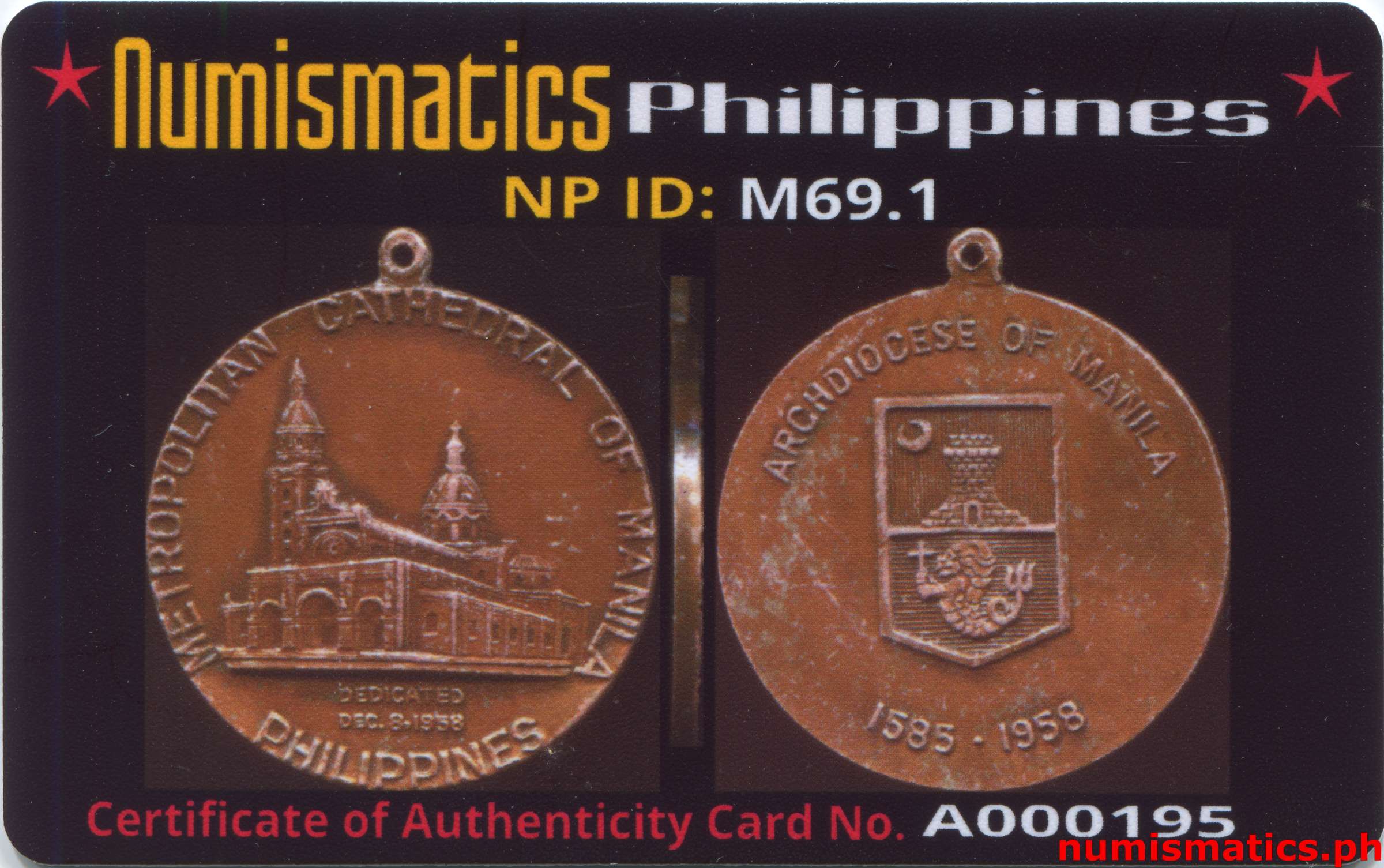 1958 Metropolitan Cathedral of Manila Philippines Medal A000195 Card Obverse