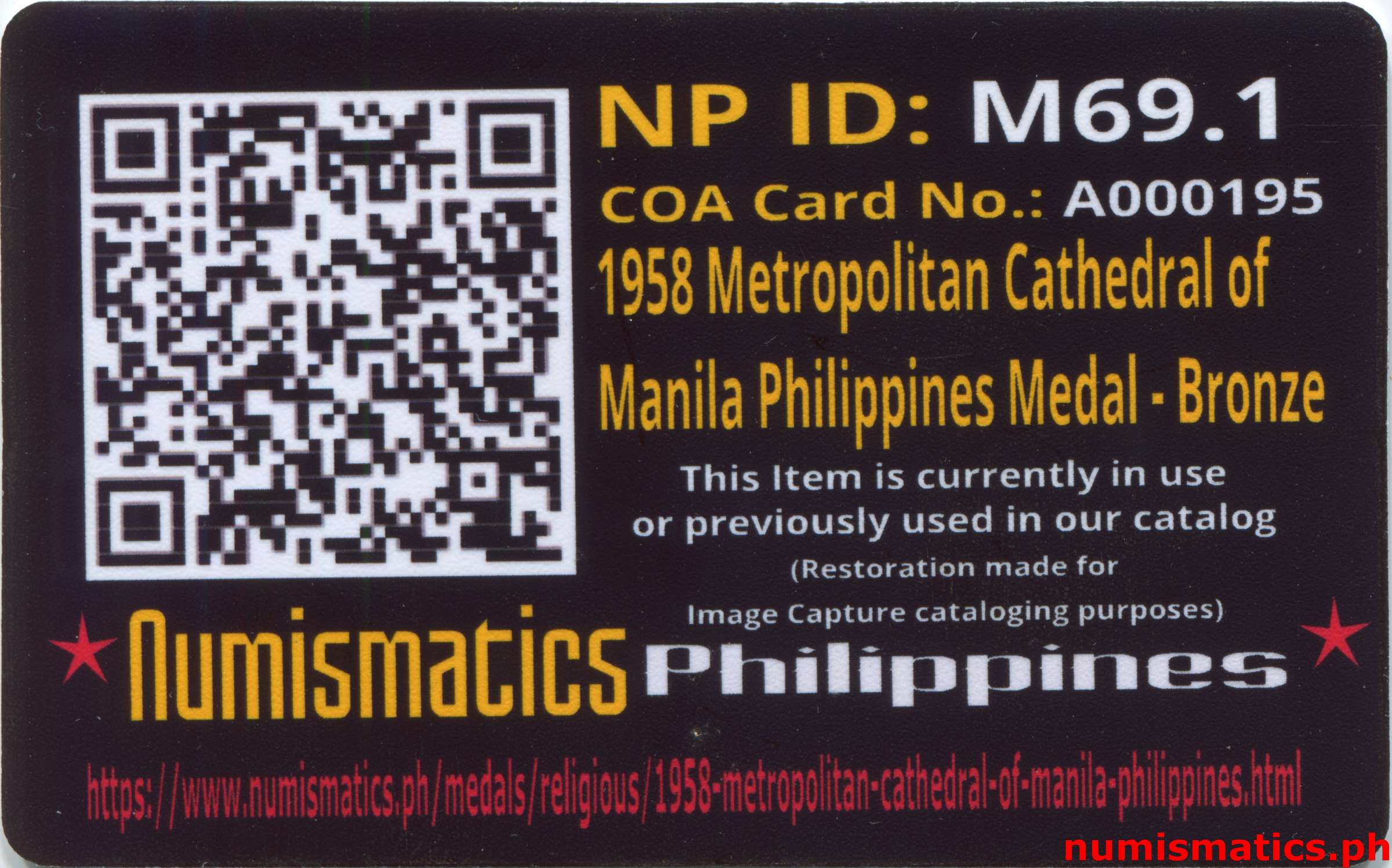 1958 Metropolitan Cathedral of Manila Philippines Medal A000195 Card Reverse