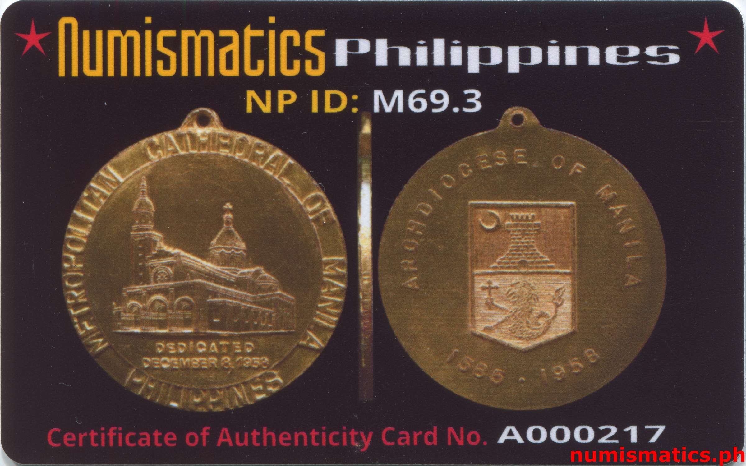 1958 Metropolitan Cathedral of Manila Philippines Medal A000217 Brass Card Obverse