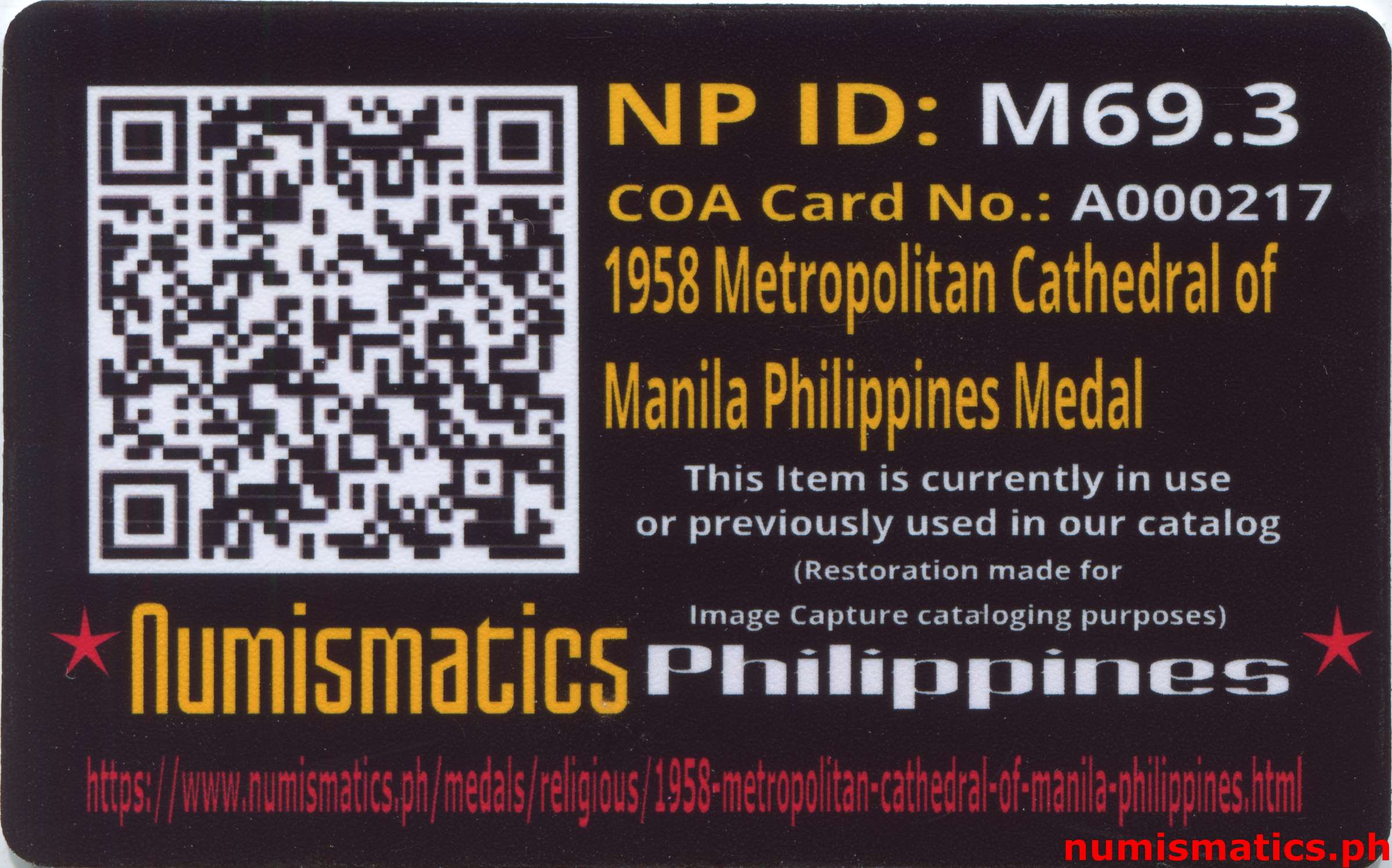 1958 Metropolitan Cathedral of Manila Philippines Medal A000217 Brass Card Reverse