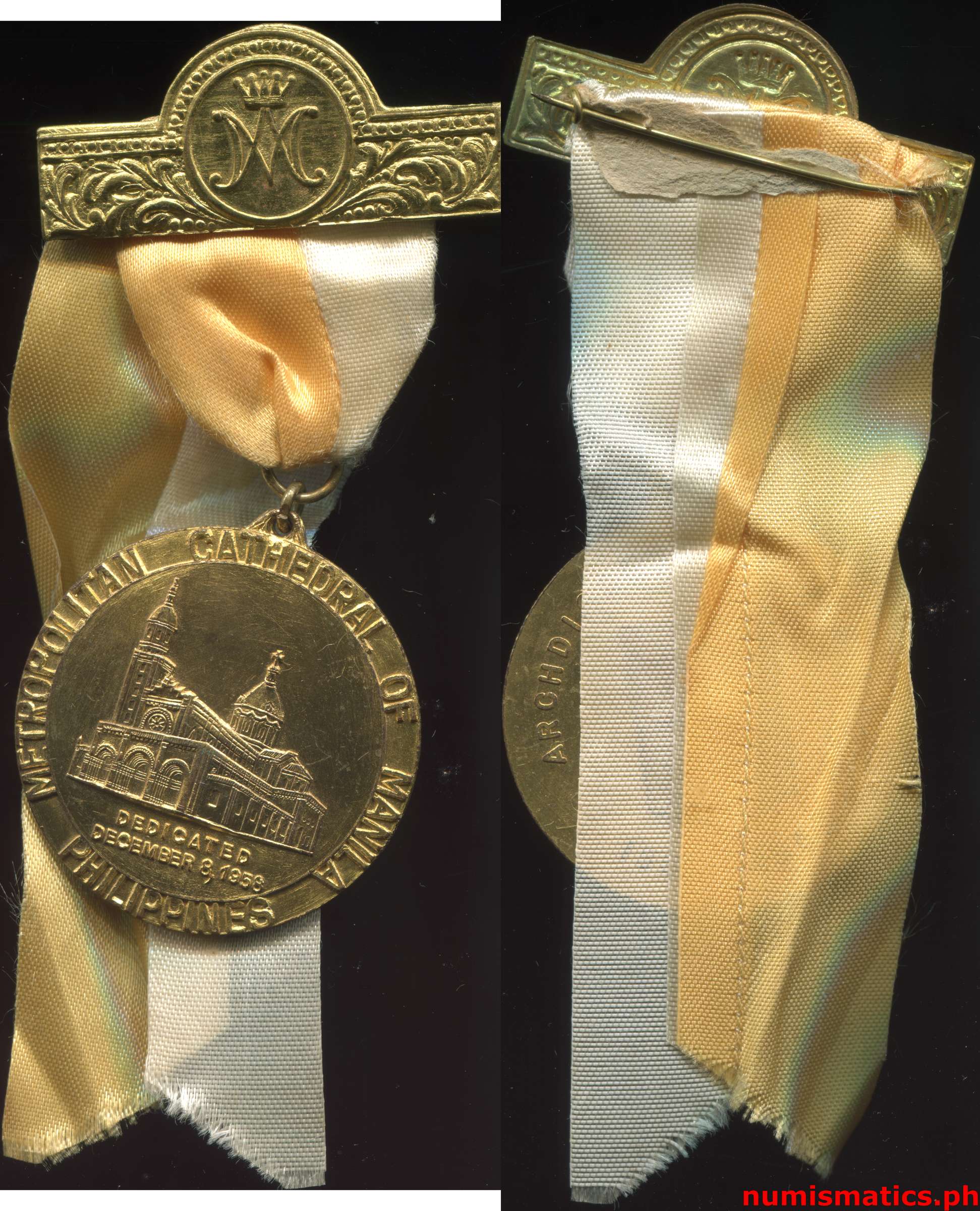 1958 Metropolitan Cathedral of Manila Philippines Medal Brass Ribbon