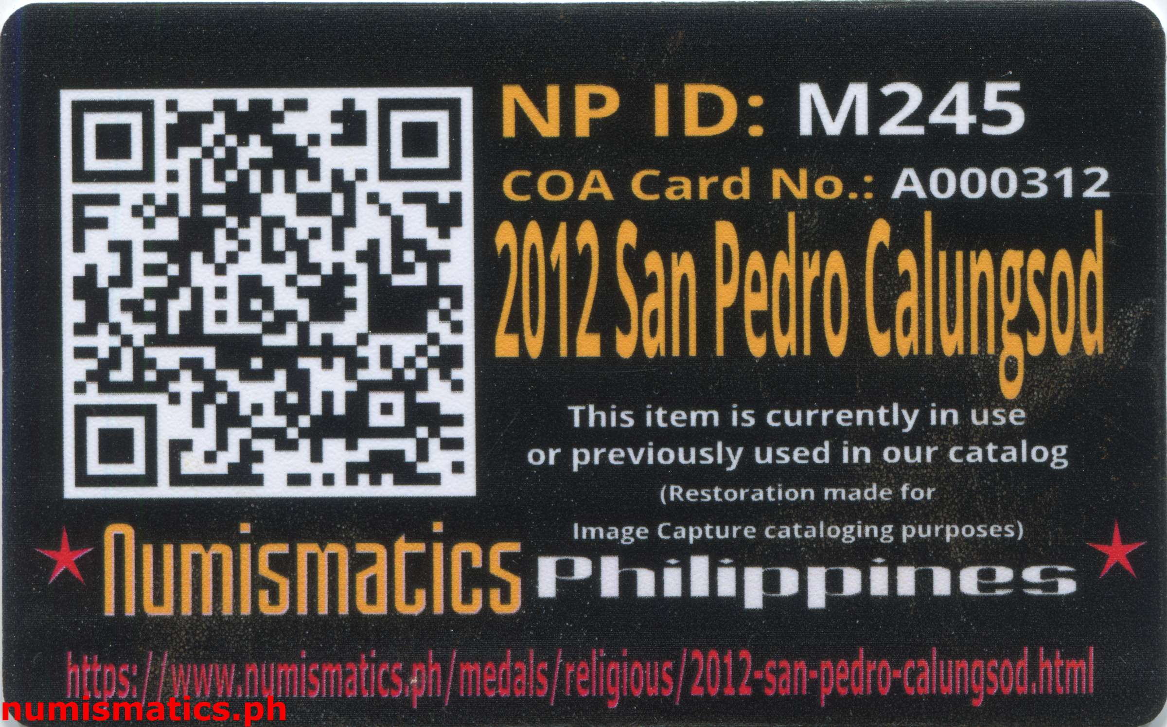 2012 San Pedro Calungsod Medal A000312 Card Reverse