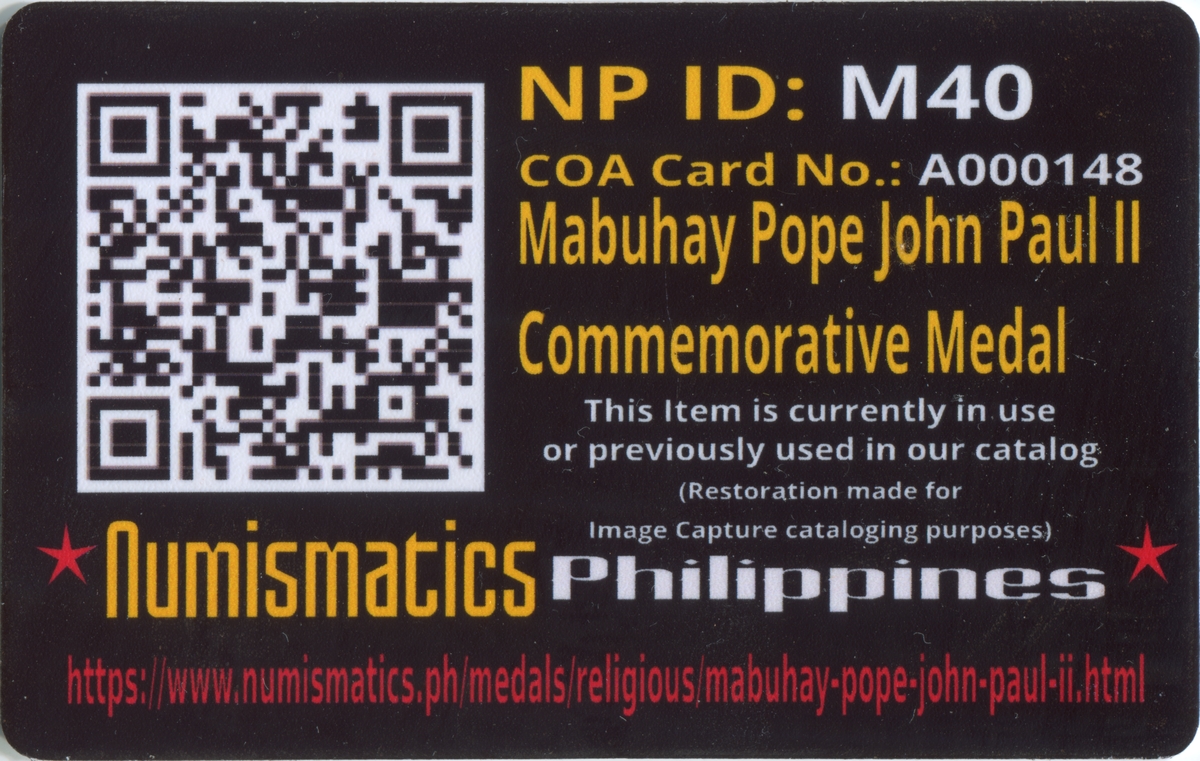 (1995) Mabuhay Pope John Paul II Commemorative Medal A000148 Card Reverse