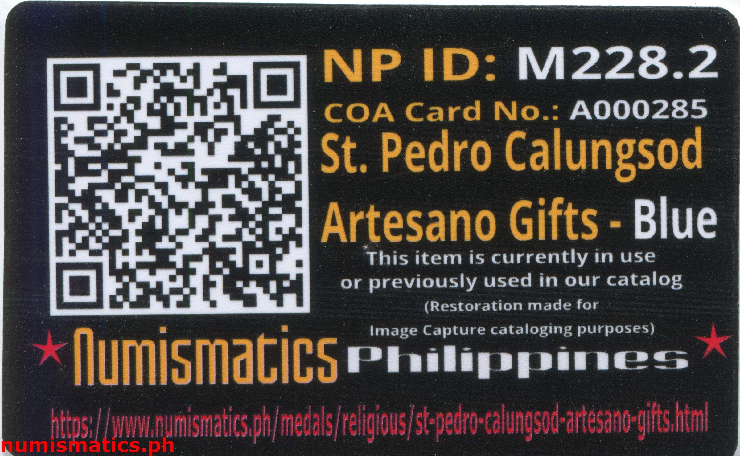 St. Pedro Calungsod - Artesano Gifts Medal Blue A000285 Card Reverse