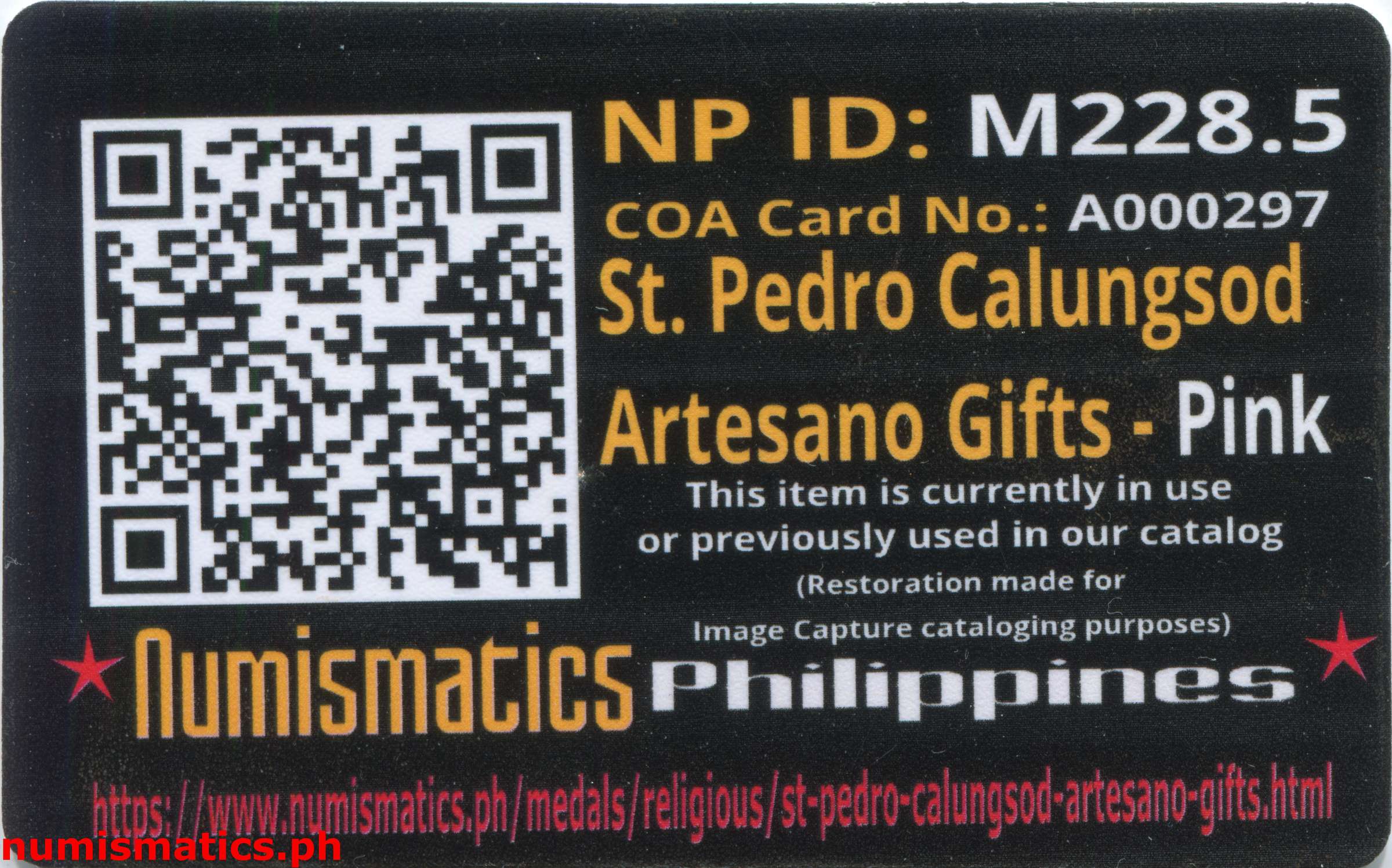 St. Pedro Calungsod - Artesano Gifts Medal Pink A000297 Card Reverse