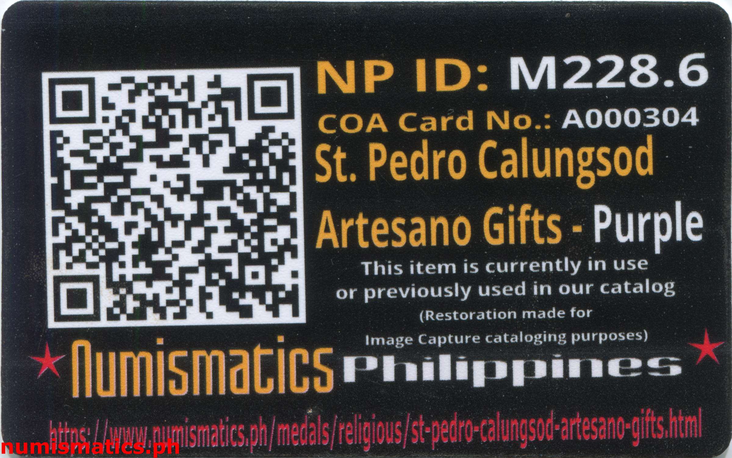 St. Pedro Calungsod - Artesano Gifts Medal Purple A000304 Card Reverse