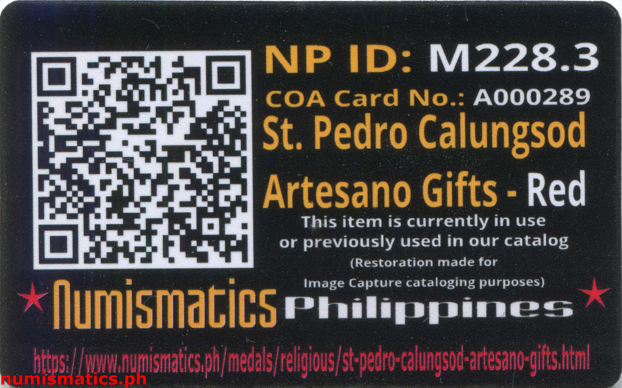 St. Pedro Calungsod - Artesano Gifts Medal Red A000289 Card Reverse