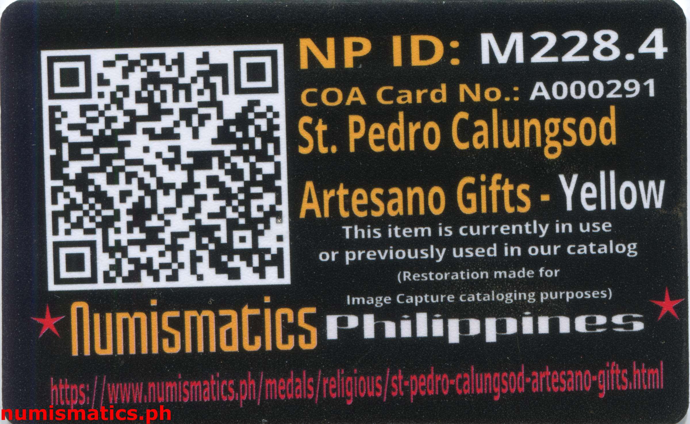 St. Pedro Calungsod - Artesano Gifts Medal Yellow A000292 Card Reverse