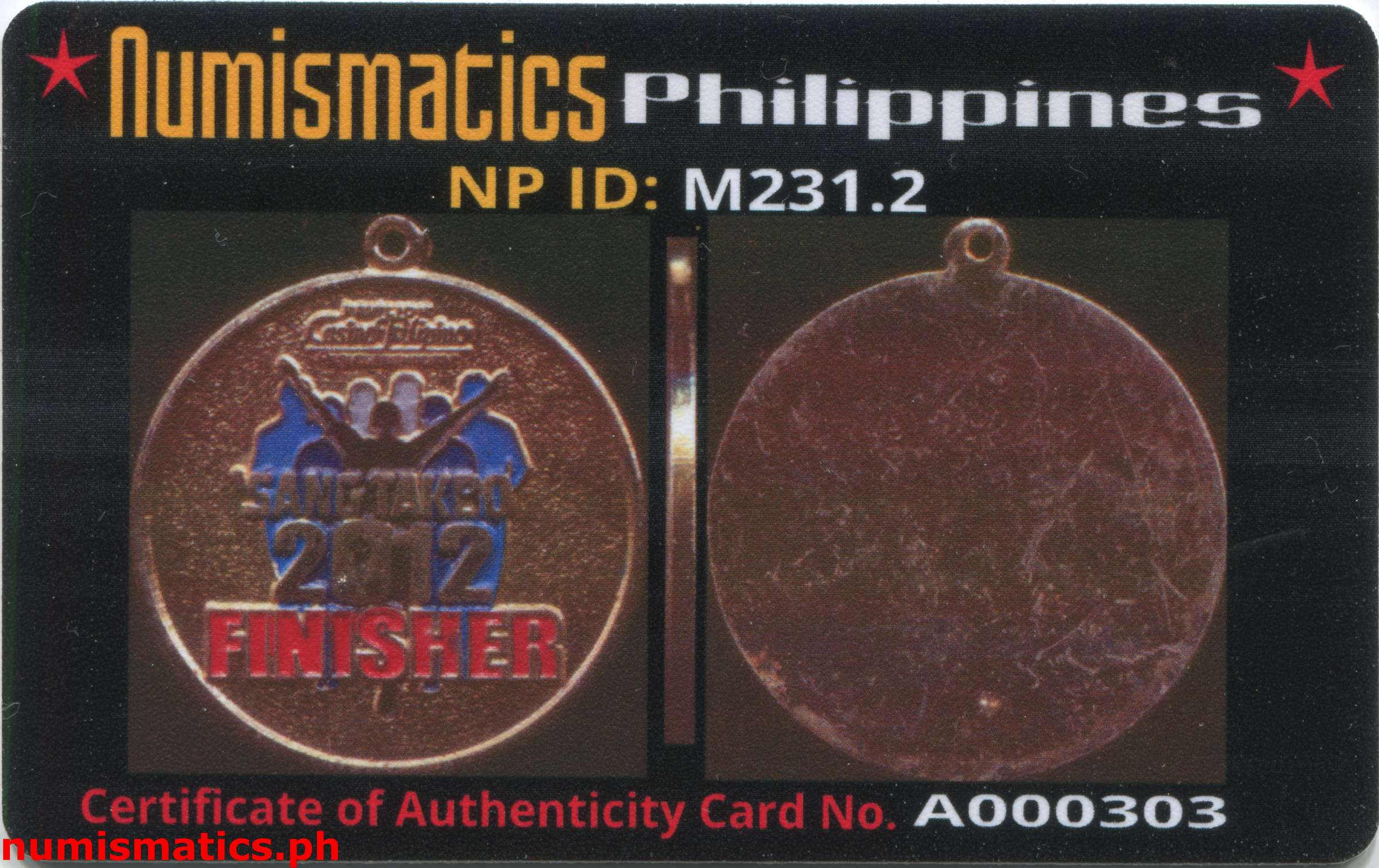 2012 Pavilion Casino Filipino 'Sang Takbo Finisher Medal A000303 COA Card Obverse