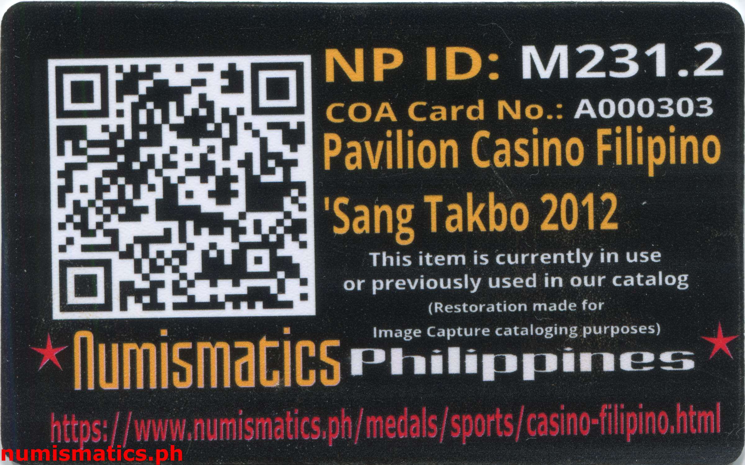 2012 Pavilion Casino Filipino 'Sang Takbo Finisher Medal A000303 COA Card Reverse