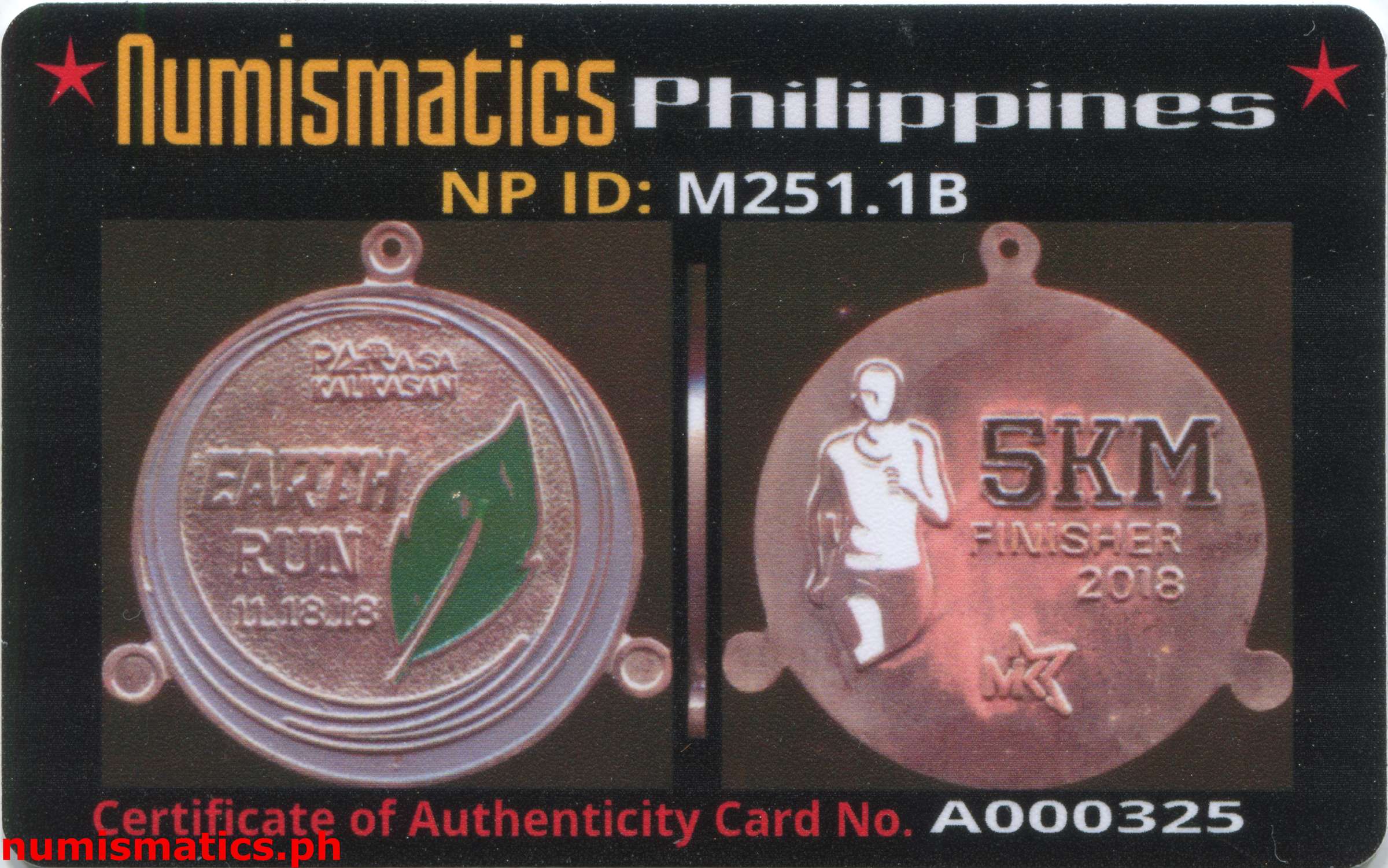 2018 Para Sa Kalikasan 5Km Finisher Medal A000325 COA Card Obverse