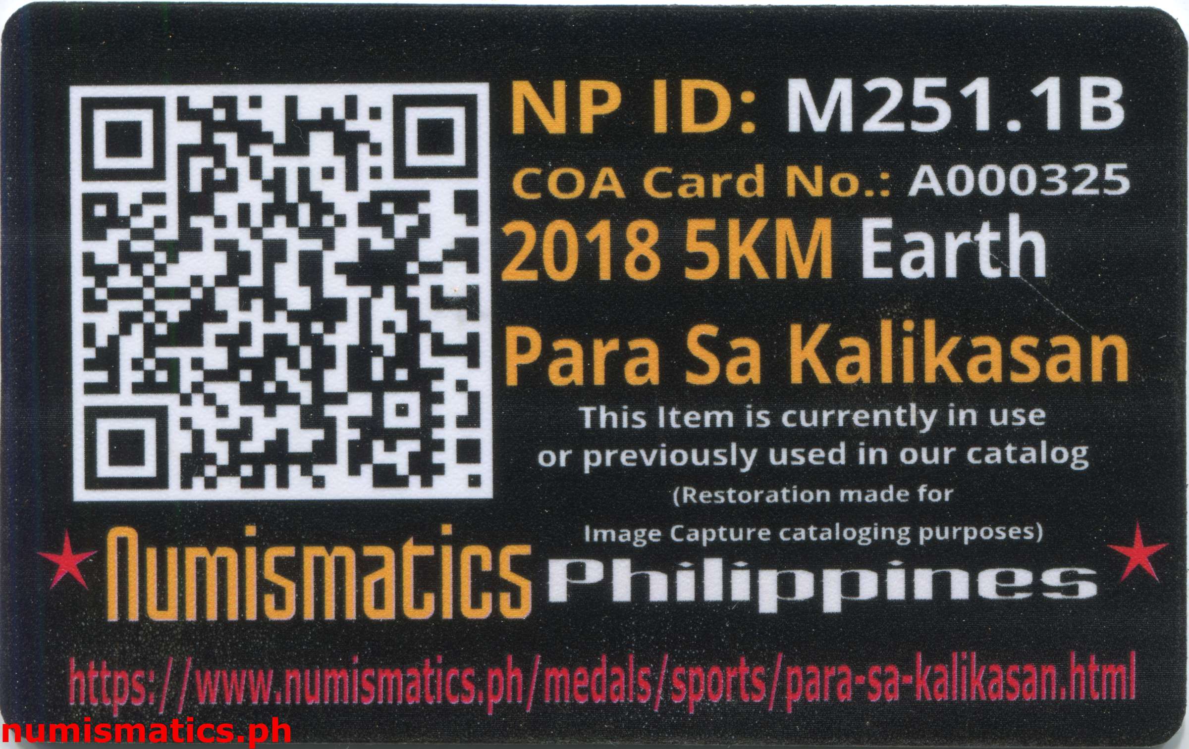 2018 Para Sa Kalikasan 5Km Finisher Medal A000325 COA Card Reverse