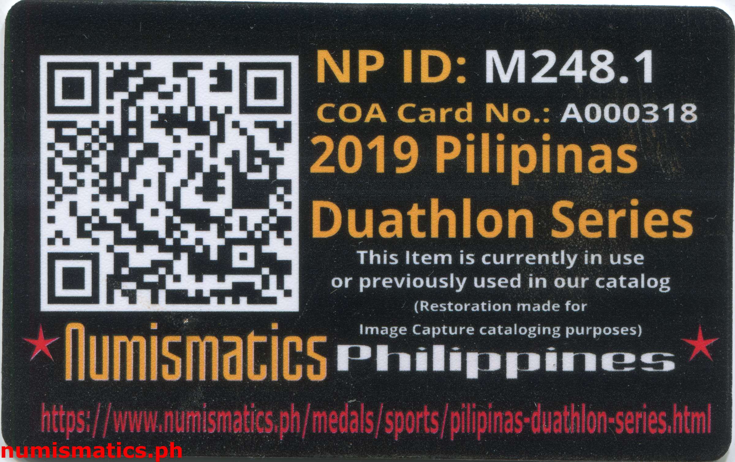 2019 Pilipinas Duathlon Series Finisher Medal A000318 COA Card Reverse