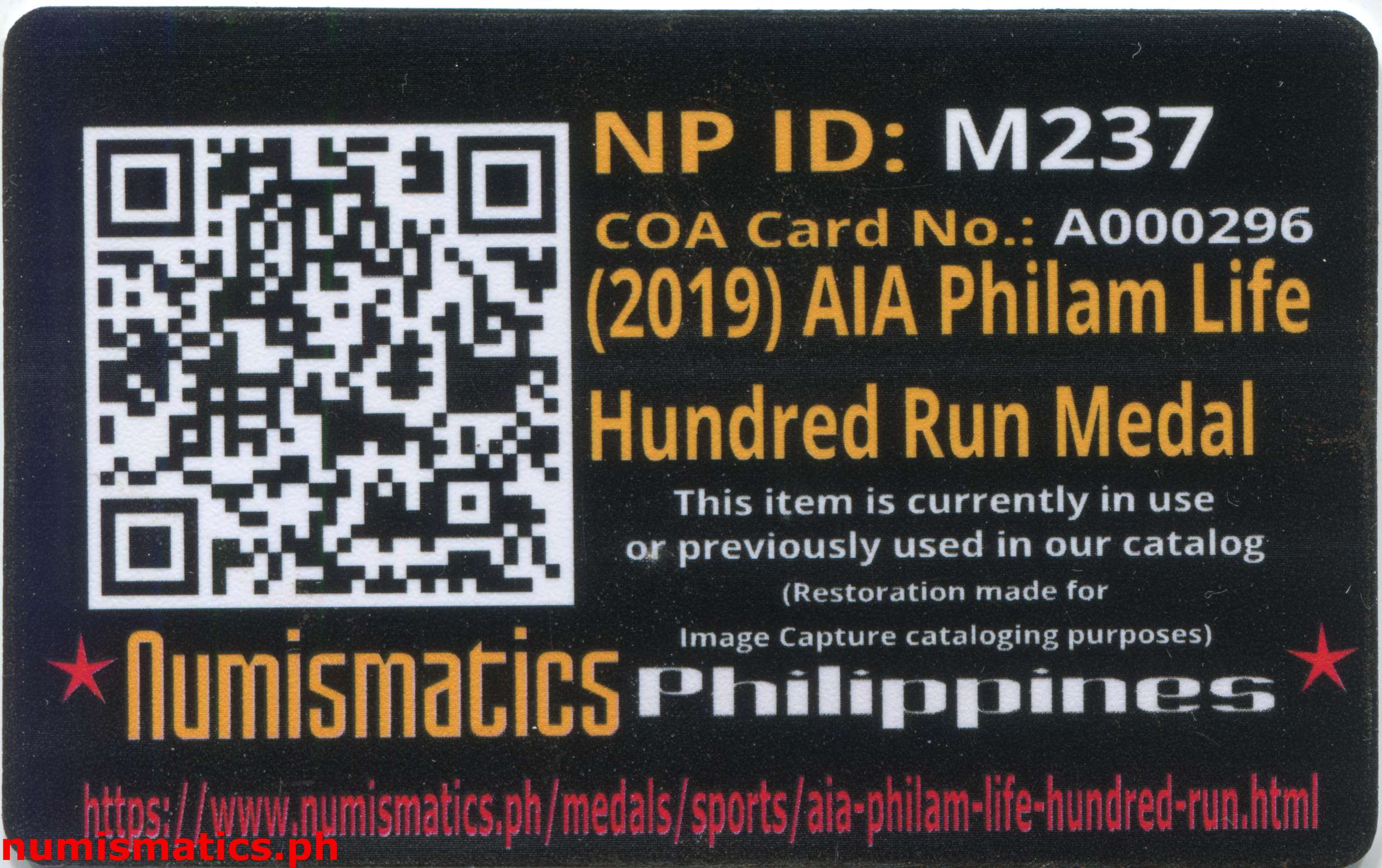 (2019) AIA Philam Life Hundred Run Medal A000296 COA Card Reverse