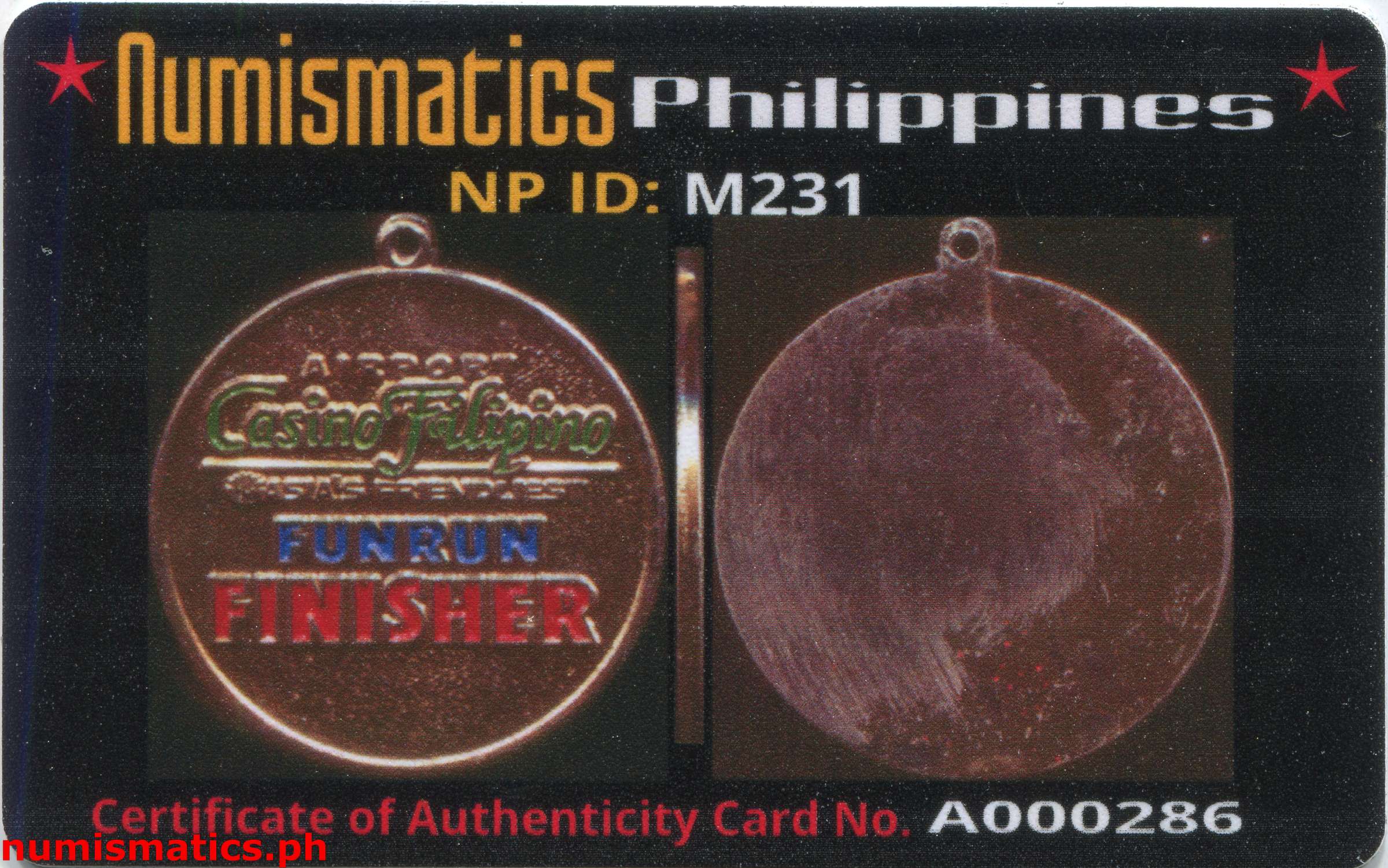 Airport Casino Filipino Fun Run Finisher Medal A000286 COA Card Obverse