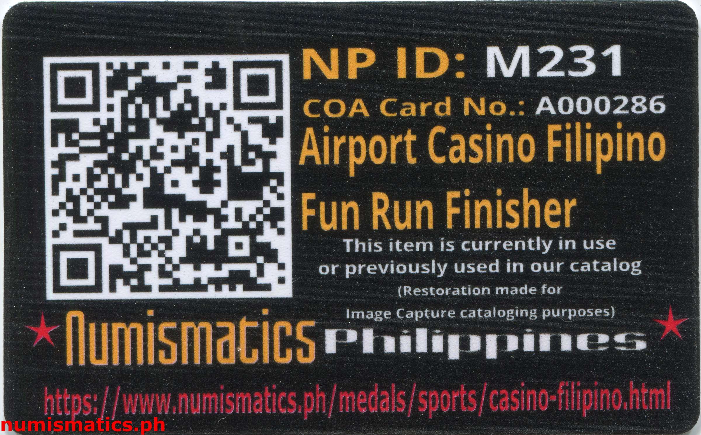 Airport Casino Filipino Fun Run Finisher Medal A000286 COA Card Reverse