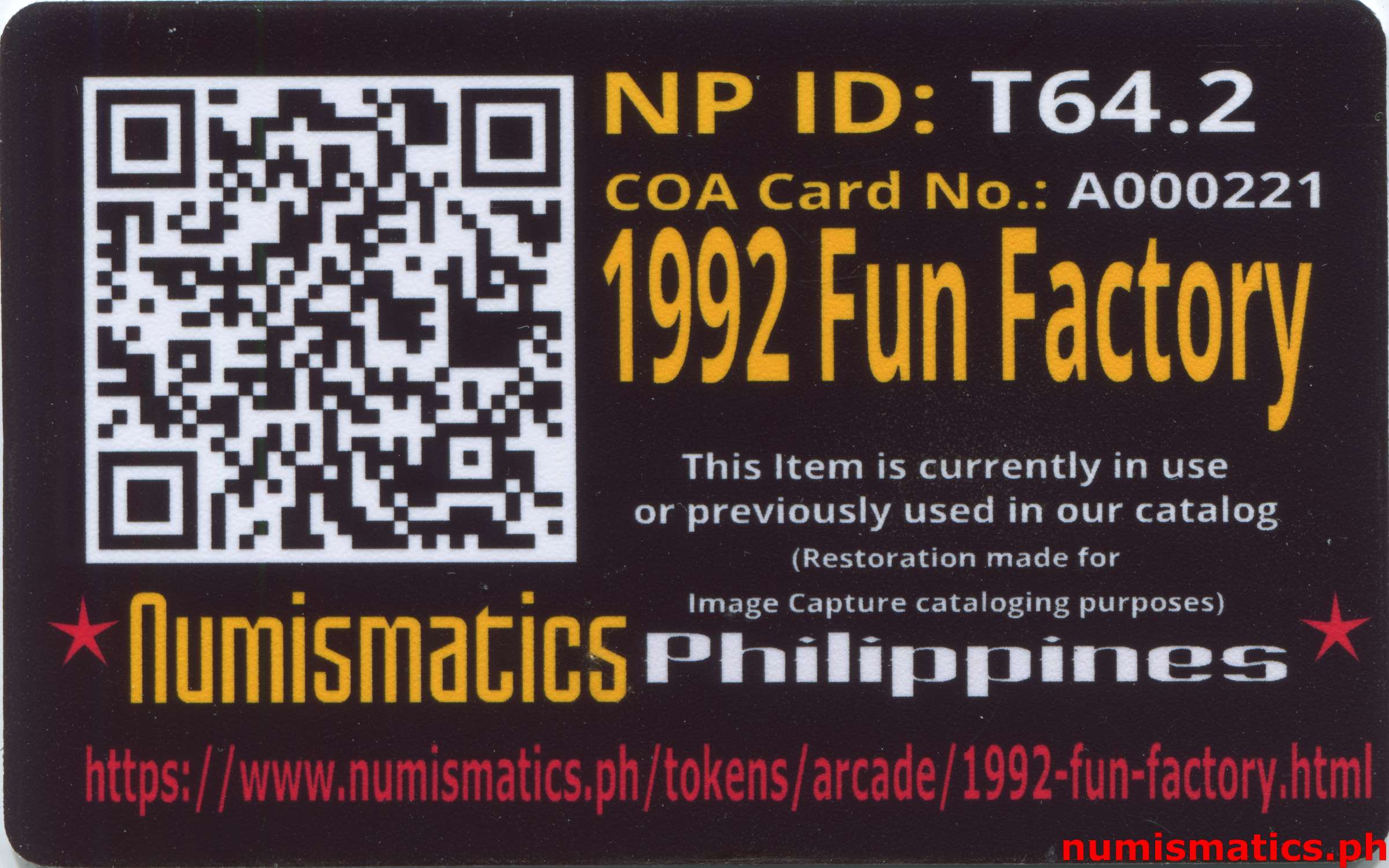 1992 Fun Factory Amusement Gaming Token Bronze A000221 COA Card Reverse