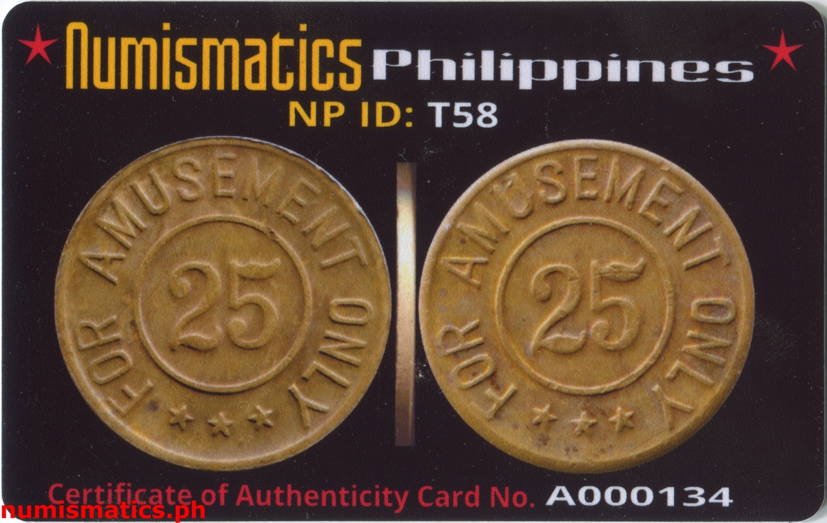 25 Centavos For Amusement Only 3 Stars Gaming Token A000134 COA Card Obverse