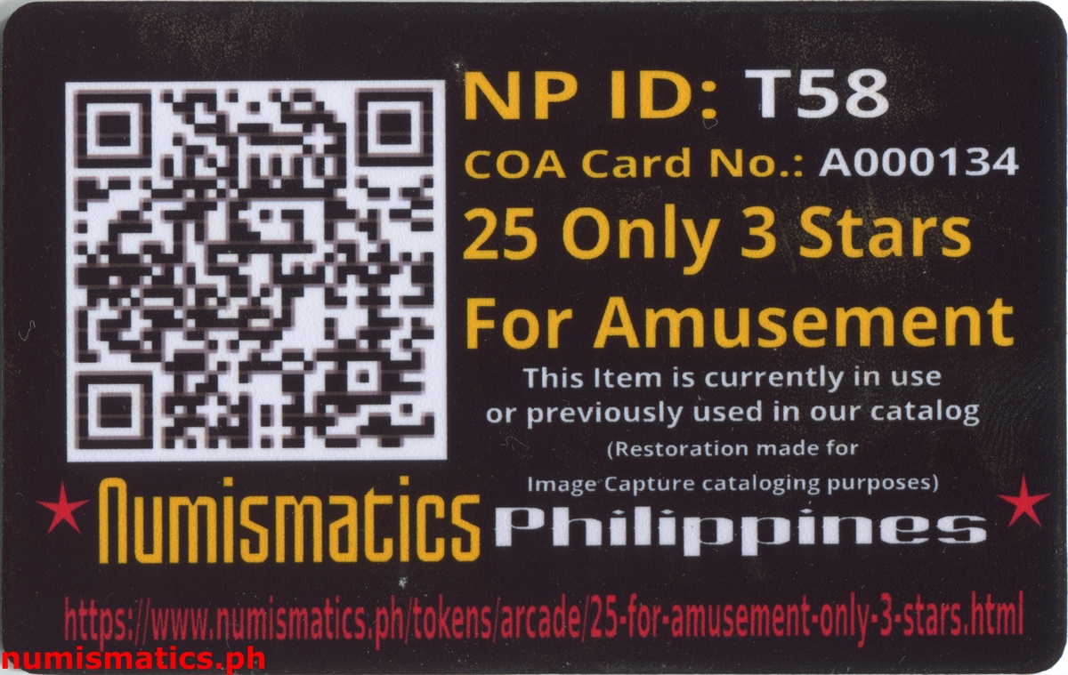 25 Centavos For Amusement Only 3 Stars Gaming Token A000134 COA Card Reverse