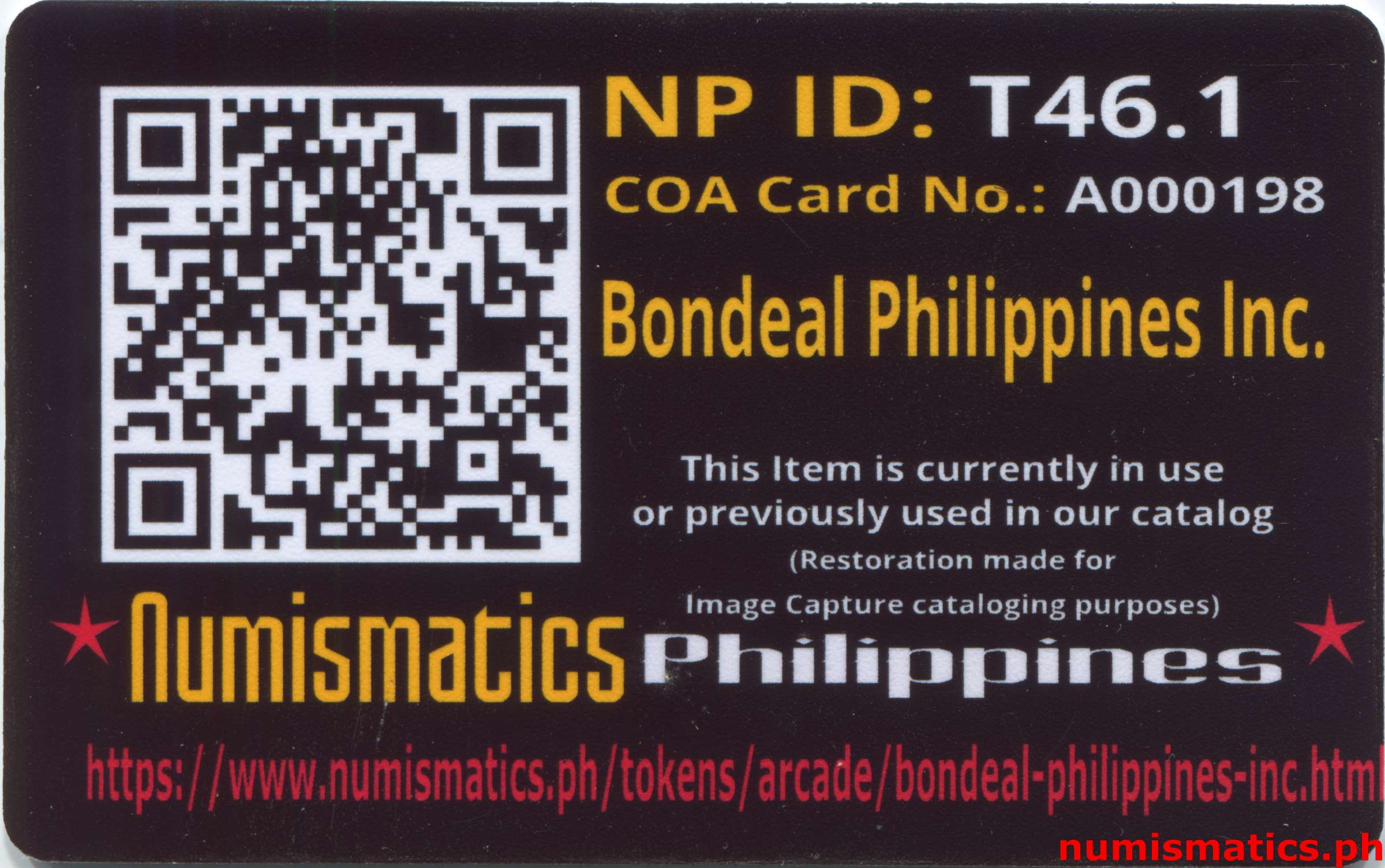 Bondeal Philippines Inc. Grayish White Arcade Gaming Token A000198 COA Card Reverse