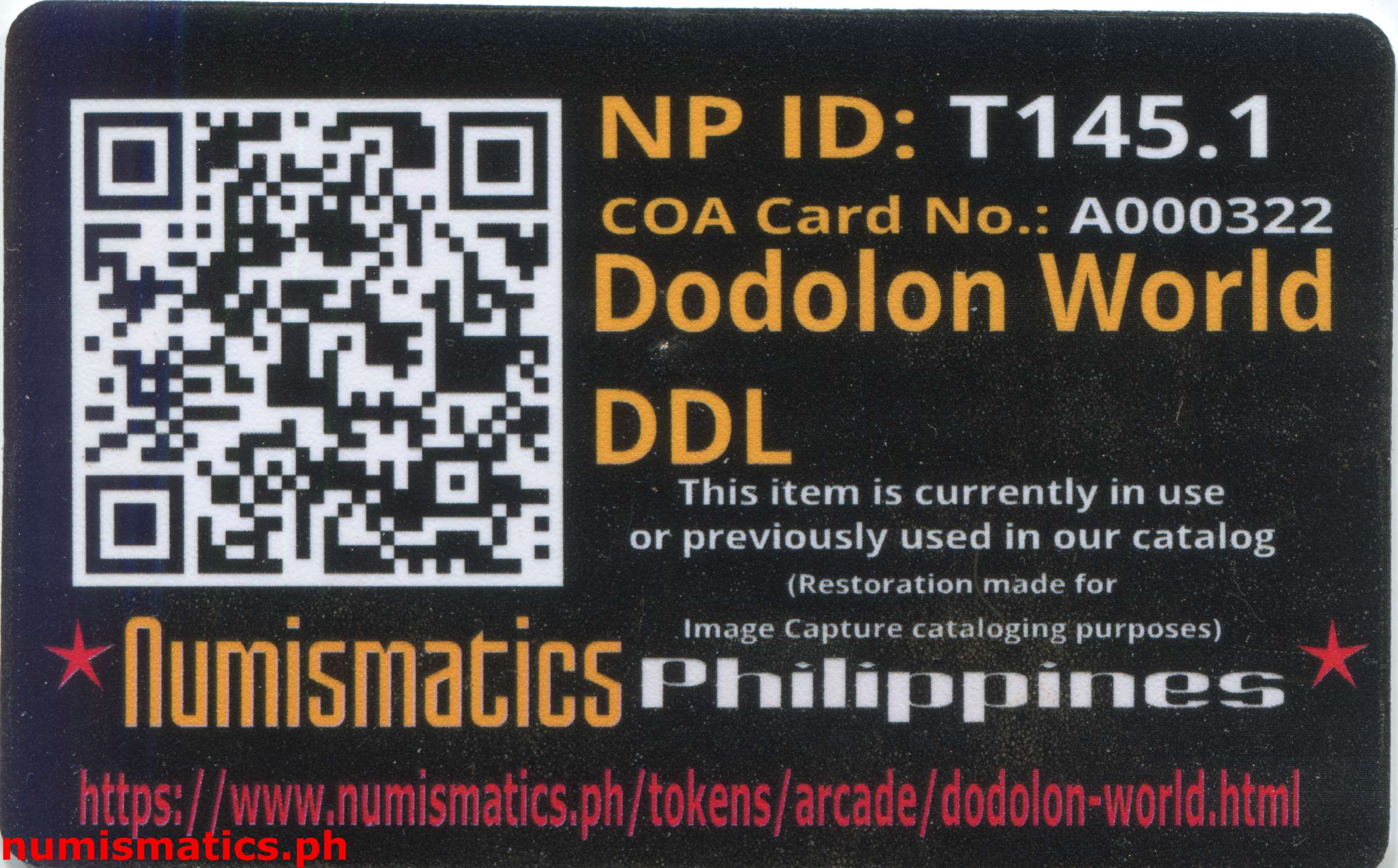 Dodolon World DDL Amusement Gaming Token A000322 COA Card Reverse