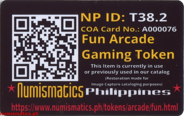 Fun Golden Yellow Arcade Gaming Token A000076 COA Card Reverse