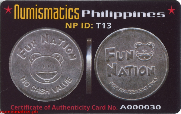 Fun Nation Arcade Gaming Token A000030 COA Card Obverse