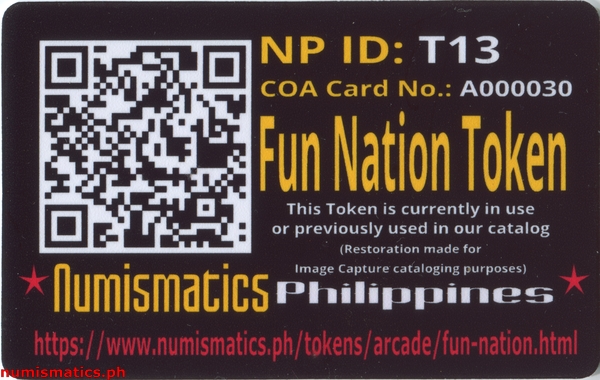 Fun Nation Arcade Gaming Token A000030 COA Card Reverse